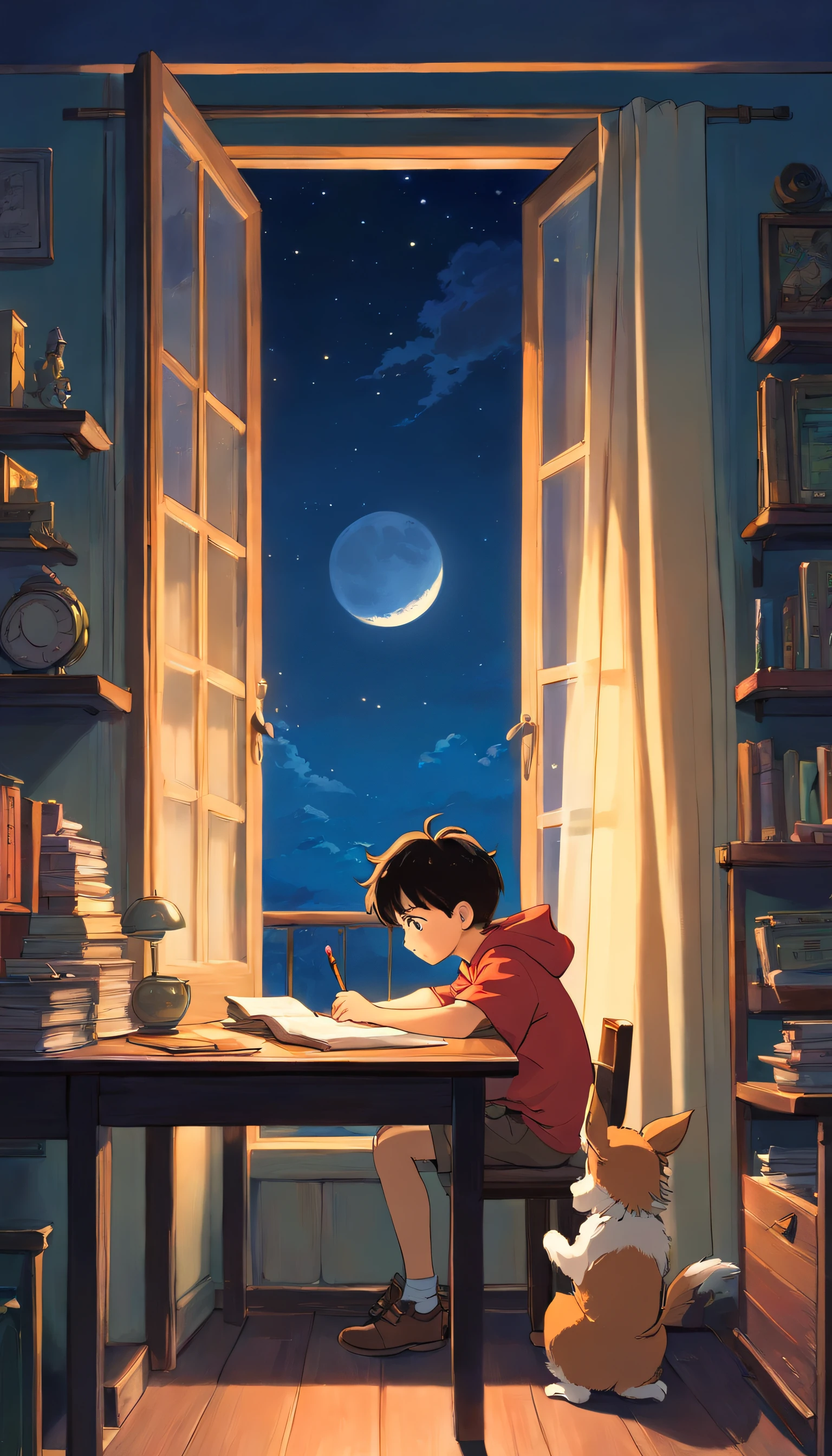 A little boy does his homework at night in front of the window,There was a moon outside the window,Accompanied by a puppy