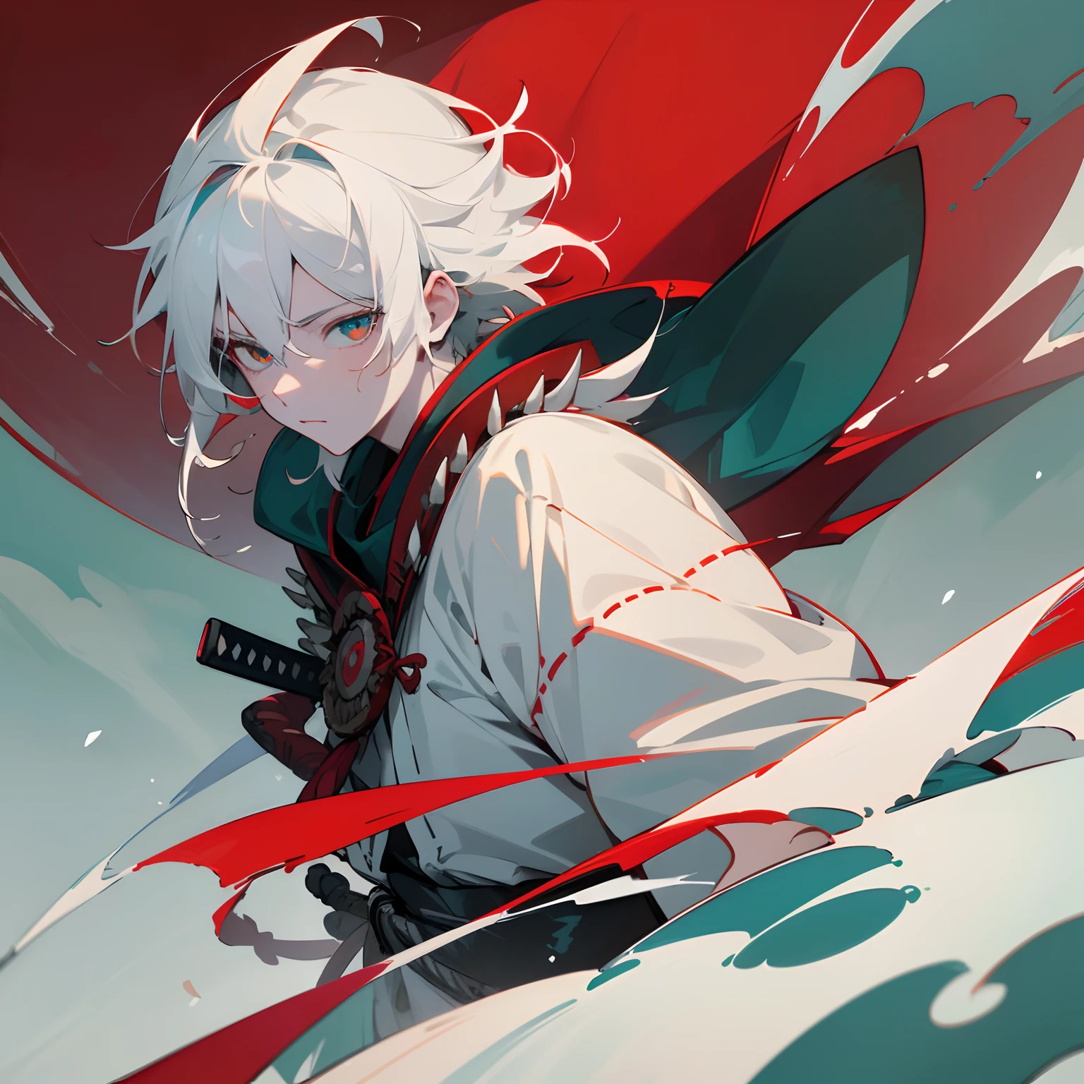 (best quality,4k,8k,highres,masterpiece:1.2),ultra-detailed,white hair,teal green eyes,red eye accents,red rings around eyes,pale skin,white haori,1male,medium length spiky hair, adult , samurai armor , detailed background , village background , snowy village background
