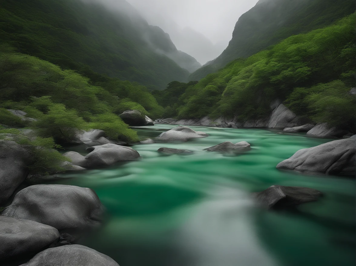 new album with hk by lil _he & yu_liu, in thestyle of naturalistic rendering, organic flowing forms, lightwhite and light emerald, caspar david friedrich, yanjuncheng, flatness of surface, green and gray