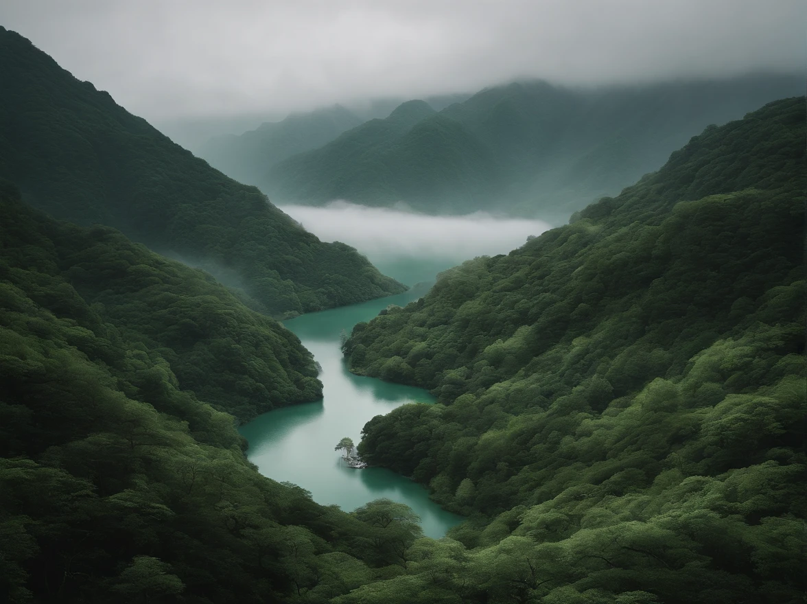 new album with hk by lil _he & yu_liu, in thestyle of naturalistic rendering, organic flowing forms, lightwhite and light emerald, caspar david friedrich, yanjuncheng, flatness of surface, green and gray