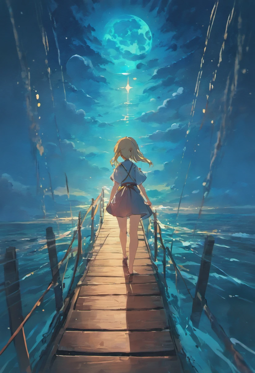 Above the sea there is a wooden bridge that crosses the sea,nigh sky,themoon,Chinese lanterns