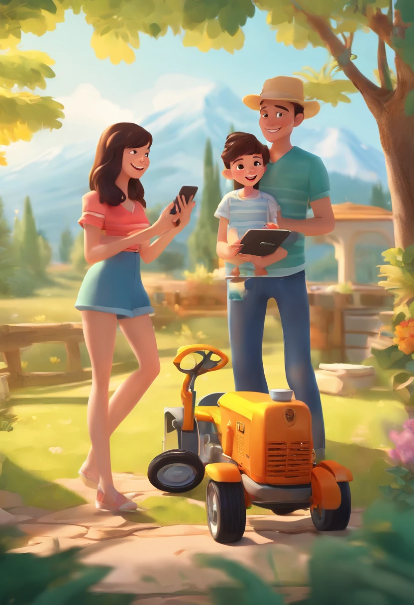 An illustration of an adorable family, Highlight for a strong man in smiling black prescription glasses and a brunette woman with beautiful expressive eyes - the man's skin is white and the man's hair is neatly cut combed to the side, while the woman's skin is white and the woman's hair is straight and black. They are in a well-lit location with a view of mountains, cada um com um sorriso no rosto,  Along with them is a teenage girl , Black straight hair and in hands a smartphone. Next up is a 2-year-old baby boy playing on the ground with a yellow toy tractor and sharing a special moment characterized by love, Insights. Illustrate this scene from a perspective where they are facing the camera, Smiling and Showing Your Connection. Desenvolva esta arte em Full HD, Focus on your cinematic touch, Estilo Disney Pixar Animations