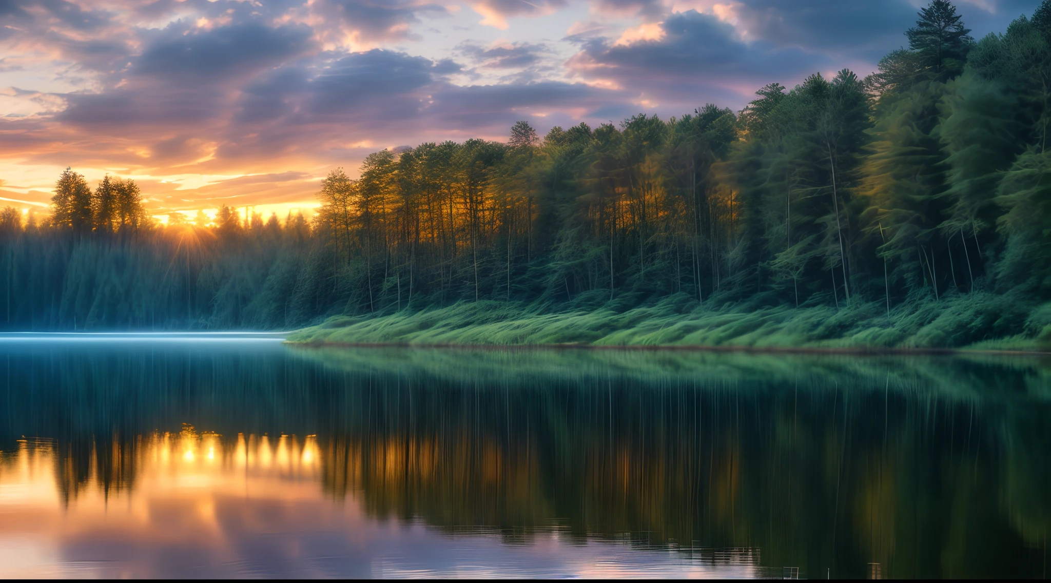 wallpaper, summer, lake, dawn, forest, detailed forest, clouds, masterpiece, cinematic, soft light, depth of field, ray tracing, reflection in water, realism, ulra detailed,