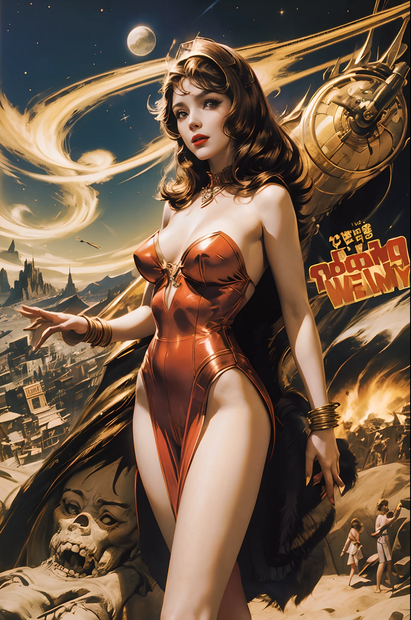 Woman of Venus movie poster, "Woman of Venus" title, (retro:1.2), iconic design, (stylish visuals:1.1), vintage aesthetics, 8K resolution, (sexy woman in red and gold retrofuturistic outfit), (cinematic vibe), (cool typography), (classic film poster style)