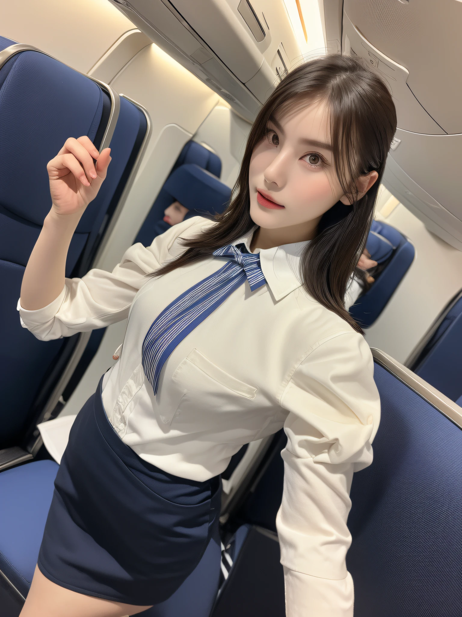 Top Quality, Masterpiece, 8K, Ultra High Definition, (Photorealistic: 1.4), 1 Girl, Beautiful Face, Symmetrical Eyes, Big, Perfect Body Proportions, Stewardess Uniform, Viewer's Look, (Inside the Airplane: 1.2), Front View, Shoulder Jump, Absolute Area (1.3),