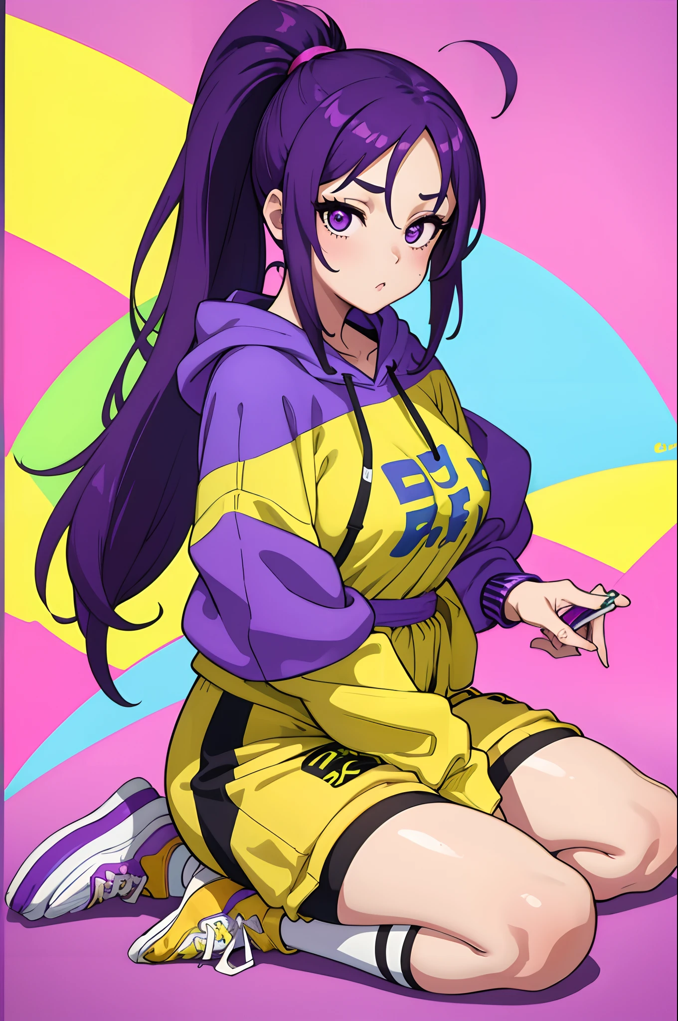 masterpiece, best quality, 1girl, purple hair, ponytail, yellow hoodie, short shorts, loose socks, sneakers, seiza, looking at viewer, large breasts, shiny skin, abstract background, vivid colors, paint splashes, rainbow theme