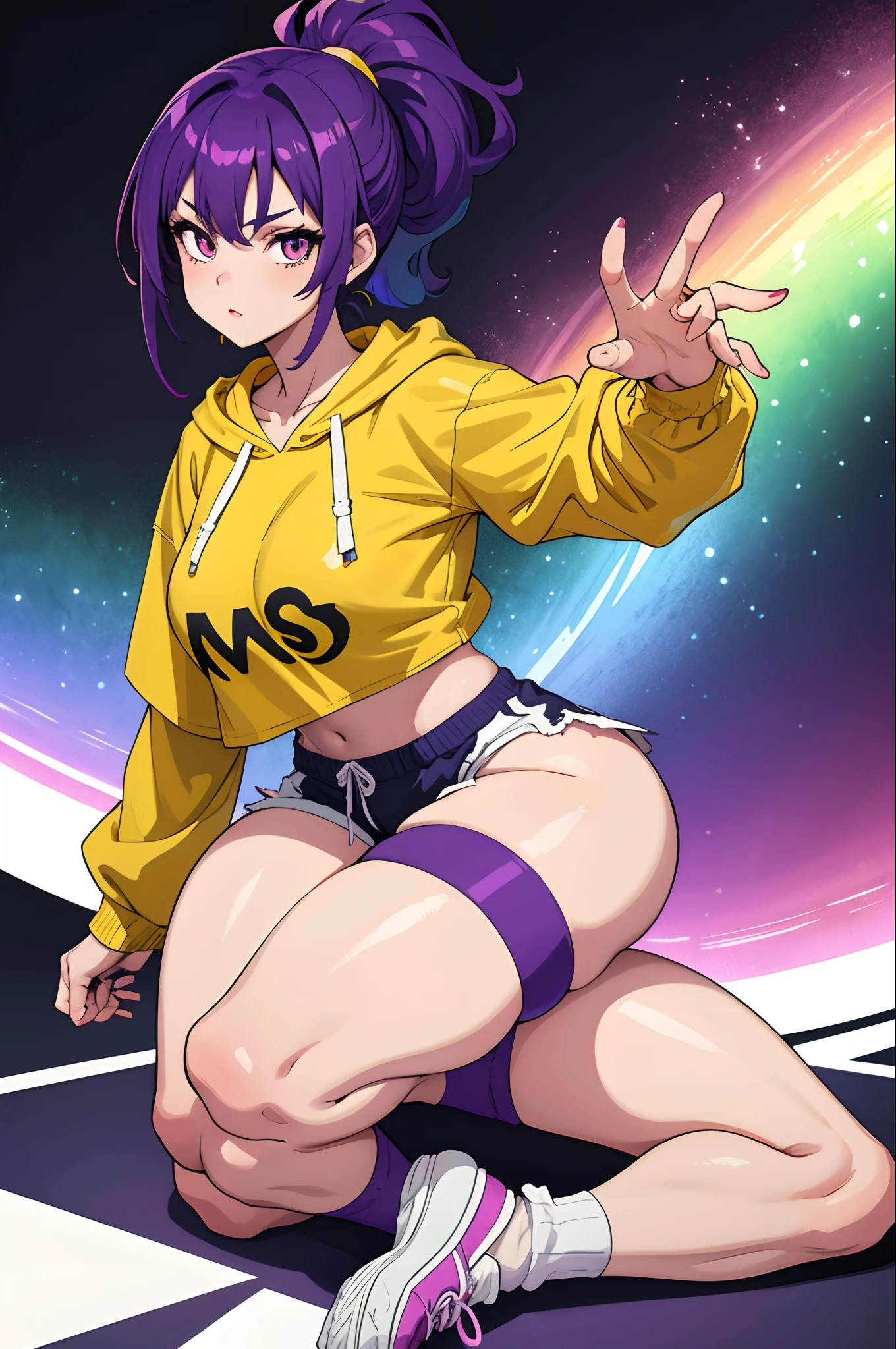 masterpiece, best quality, 1girl, purple hair, ponytail, yellow hoodie, short shorts, loose socks, sneakers, seiza, looking at viewer, large breasts, shiny skin, abstract background, vivid colors, paint splashes, rainbow theme