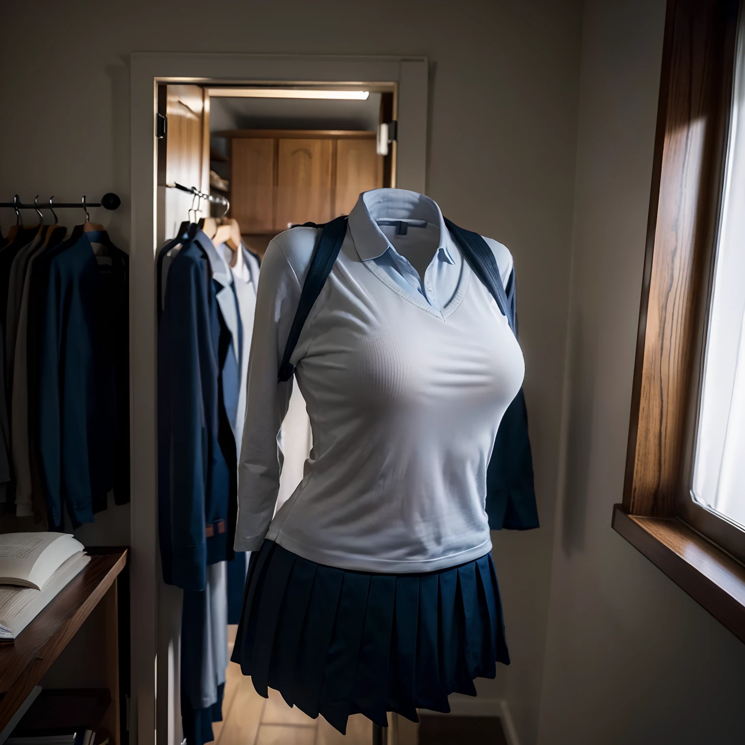 school uniforms, ((invisible, no humans:1.5, headless:1.5, handless, legless)), cute big breast, on hanger, hang out the school uniform, hang out the laundry, (school uniforms on hanger swells as if worn by invisible girls), (close-up to breasts), 
(8k, RAW photo, best quality, masterpiece:1.2), (realistic, photo-realistic:1.37), photon mapping, radiosity, ((Hasselblad photography)), physically-based rendering