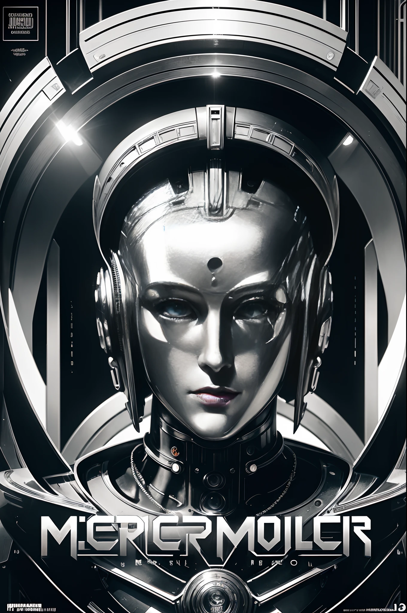 Metropolis movie poster, "Metropolis" title, iconic design, (stylish visuals:1.1), vintage aesthetics, 8K resolution, ((silver metallic retrofuturistic android)), (cinematic vibe), ((cool art deco typography)), ((classic film poster style))