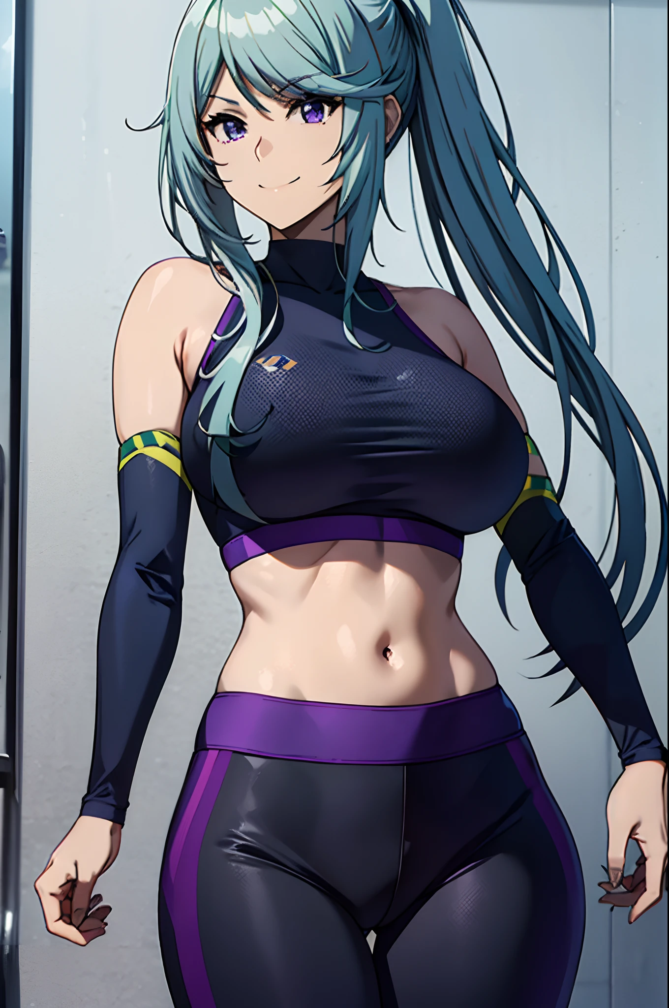 AZURE hair,purple eyes,masterpiece, best quality, photorealistic, yujiasuit, yoga sports bra, yoga pants, 1girl, solo, , yoga ball, pants, looking at viewer, smile, green sports bra, simple background, , midriff, long hair,big breasts, green pants, sportswear, tank top, upper body