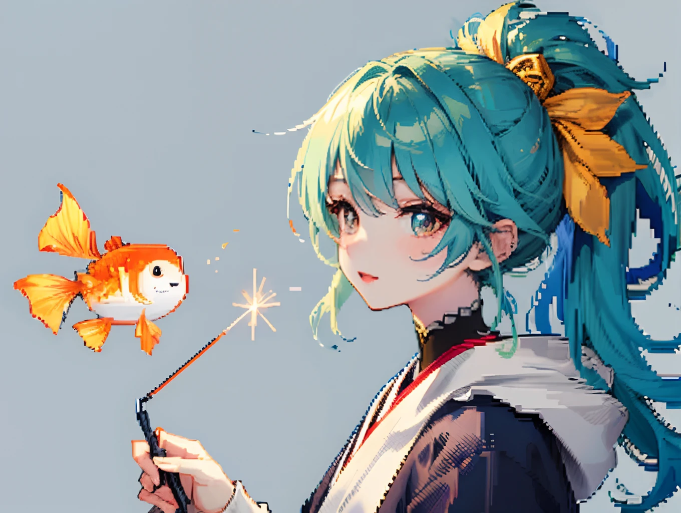 omatsuri、sparklers、goldfish、girl with、toffee apple、Background blue、kawaii、Pixel art