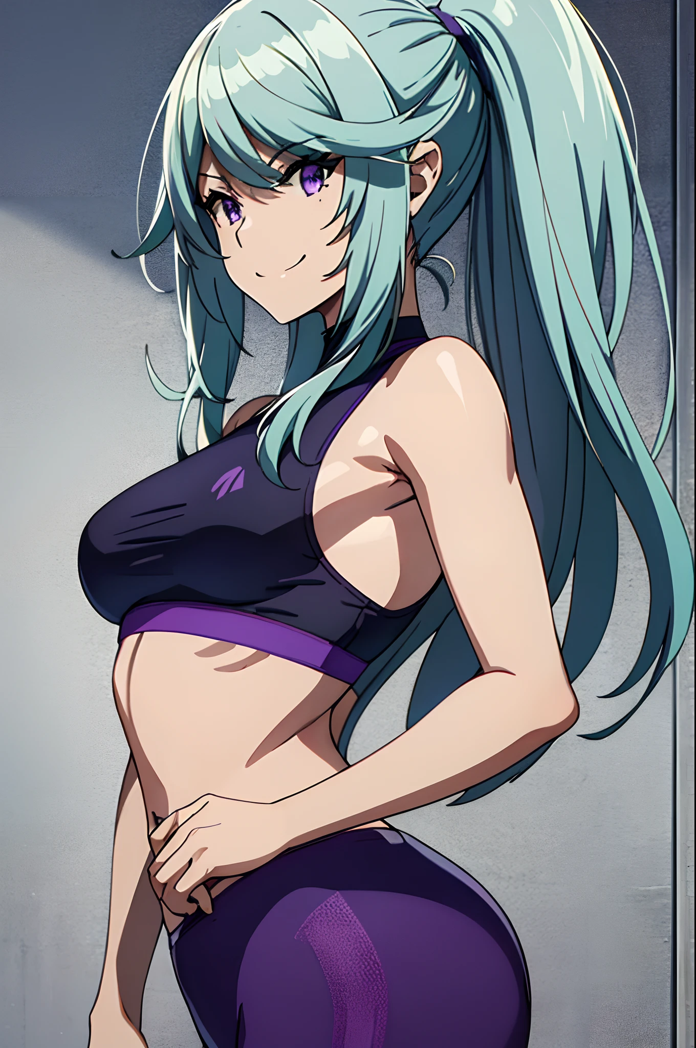 celadon hair,purple eyes,masterpiece, best quality, photorealistic, yujiasuit, yoga sports bra, yoga pants, 1girl, solo, , yoga ball, pants, looking at viewer, smile, green sports bra, simple background, , midriff, long hair,(small breasts), green pants, sportswear, tank top, upper body