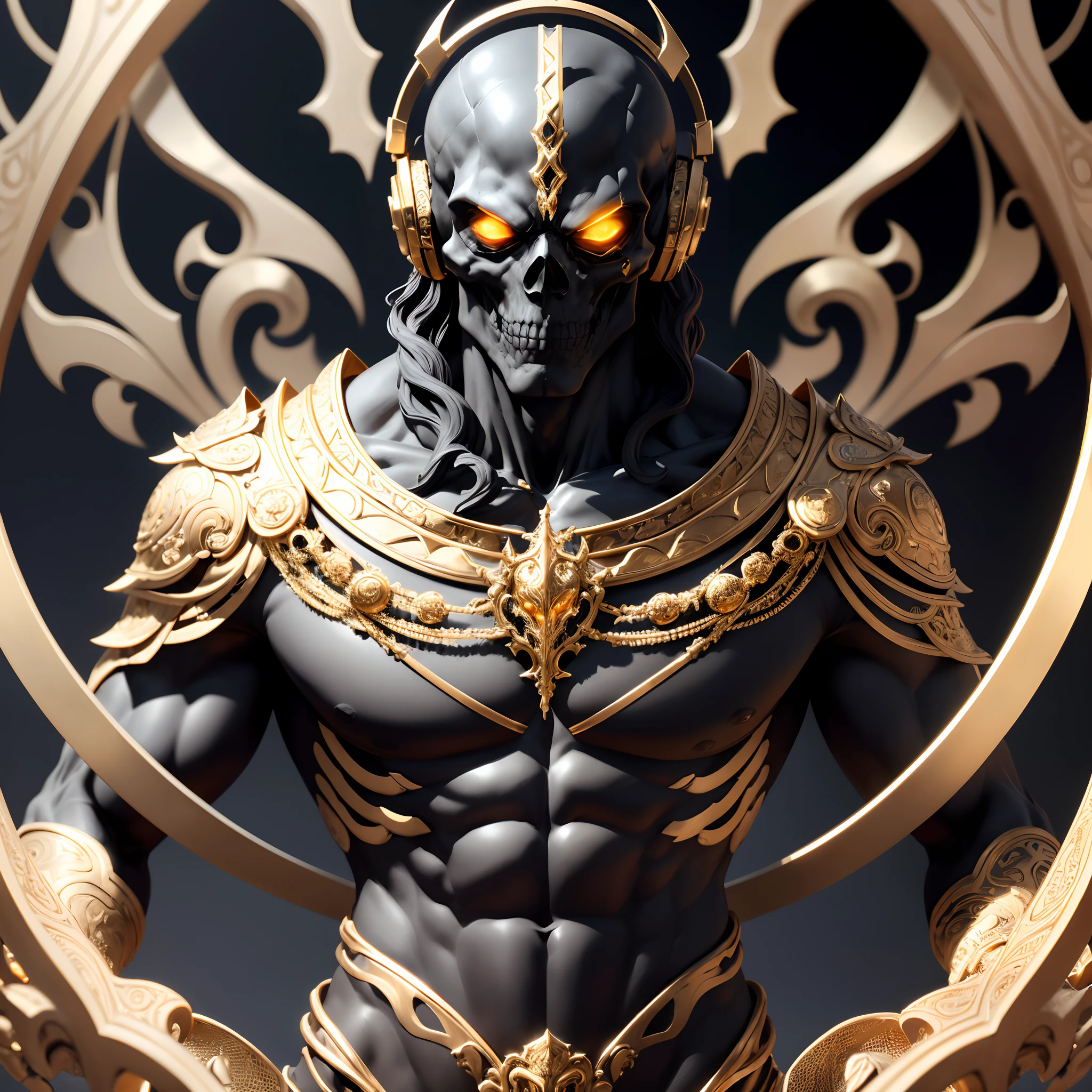 Create a stunning, detailed artwork of a black and golden marble male Skeletor statue adorned in intricate golden armor, wearing headphones. Show exquisite realism, capturing the fine textures and intricate details of the statue, along with the subtle reflections on its surface. Highlight the contrast between the dark marble and the shimmering golden accents, giving the piece a regal and powerful presence. Ensure each element is meticulously rendered, bringing this unique character to life in a realistic and captivating way