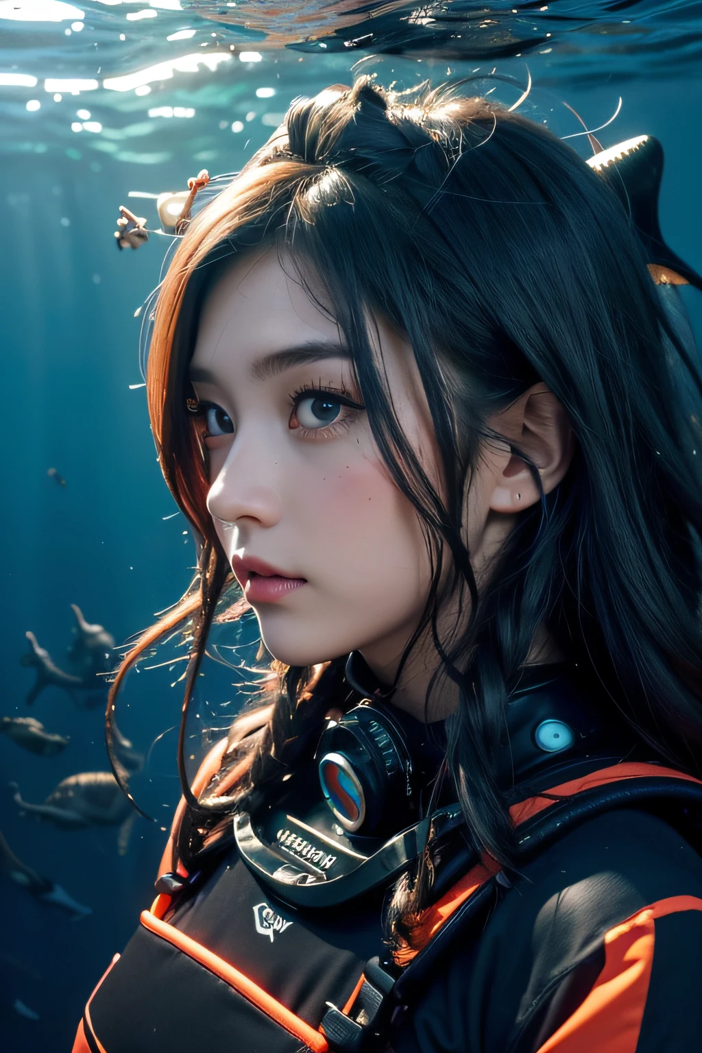 (masutepiece, Best Quality, Ultra-detailed, Best Shadow), (beautifull detailed face:1.3),(Solo), (Family_friendly:0.8),High contrast, Ultra-high resolution,(1 Girl of the Deep Sea:1.6),(Diving and petting whales:1.3),Full body, Diving suit,Refraction of light from above,blazing_light,Brilliant seaweed,colorful corals, up looking_far away, Tropical Fish,(dishevled hair:1.2),([Blue|Silver] hair:1.1)