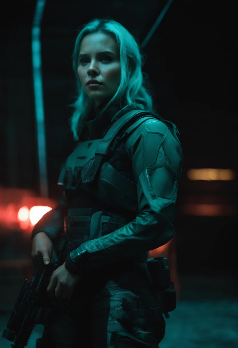 (Grainy:0.5), Cinematic,Girl, Space, Serious, 詳細な目, Detailed Face, Detailed futuristic clothing, Lights in clothes, (Sighting gun:1.1), (Hiding:1.1), (Squatting, looking at the side:1.1), voluminous lighting, Insulation, Horror, Dark lighting, Red bioluminescent details, Green bioluminescent details, Blue bioluminescent details