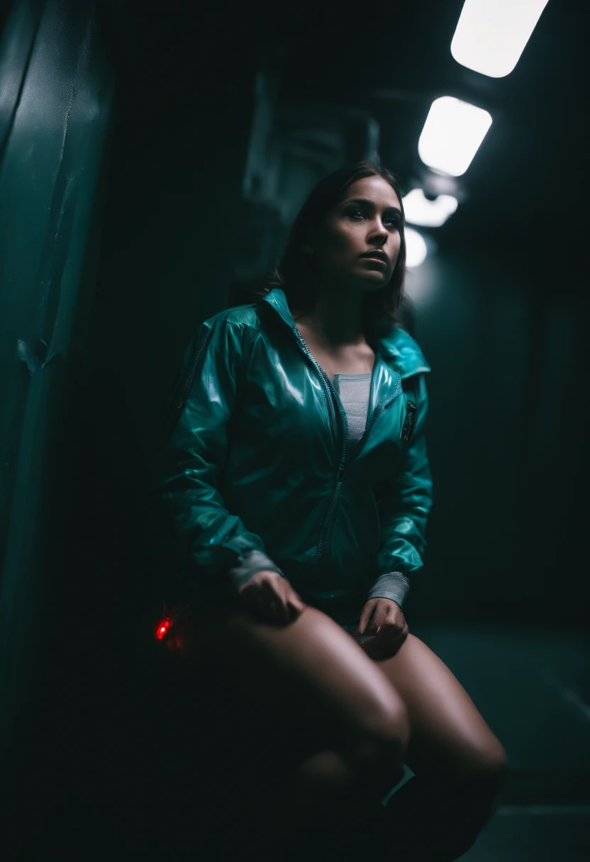 (Grainy:0.5), Cinematic,Girl, Space, Serious, 詳細な目, Detailed Face, Detailed futuristic clothing, Lights in clothes, (Sighting gun:1.1), (Hiding:1.1), (Squatting, looking at the side:1.1), voluminous lighting, Insulation, Horror, Dark lighting, Red bioluminescent details, Green bioluminescent details, Blue bioluminescent details