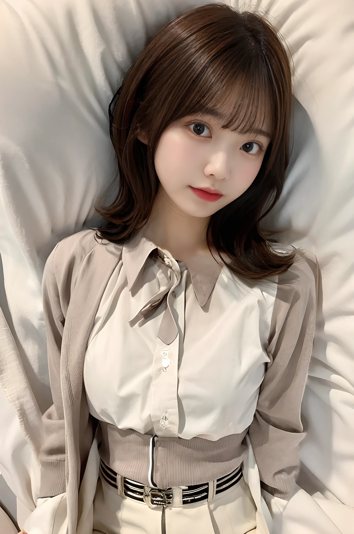 Wearing a collared shirt with long sleeves、wearing miniskirt
