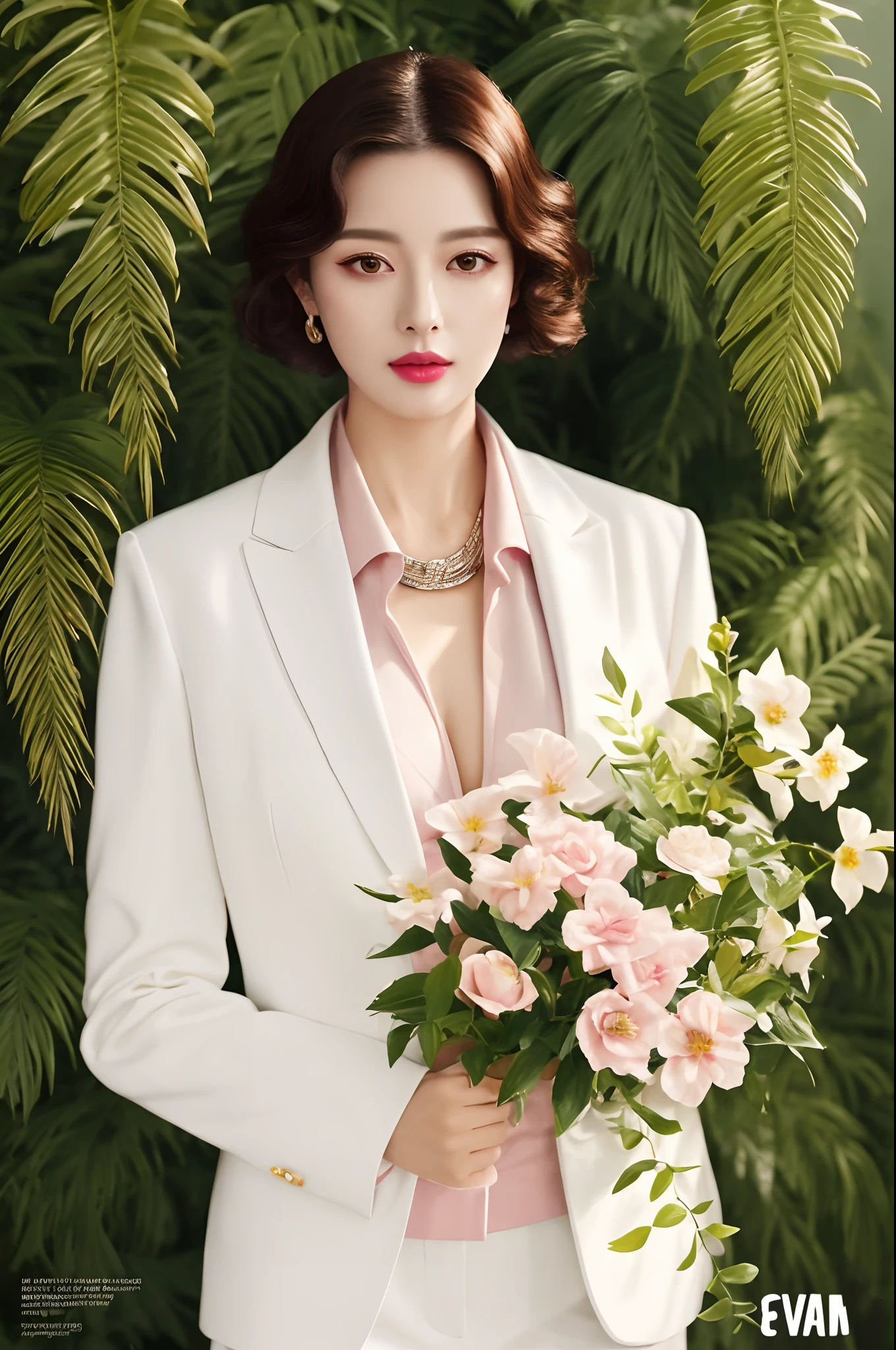 fashion magazine,ultrarealism oil painting,(Pure white parrot),white business suit,DEEP-V COLLAR,(Short-haired neutral woman),Pink big breasts,Plant cover background,The style of artist Bruce Zheng,shinny hair,cowboy lens,art-deco,Verism,blooms,Award-Awarded,retinas