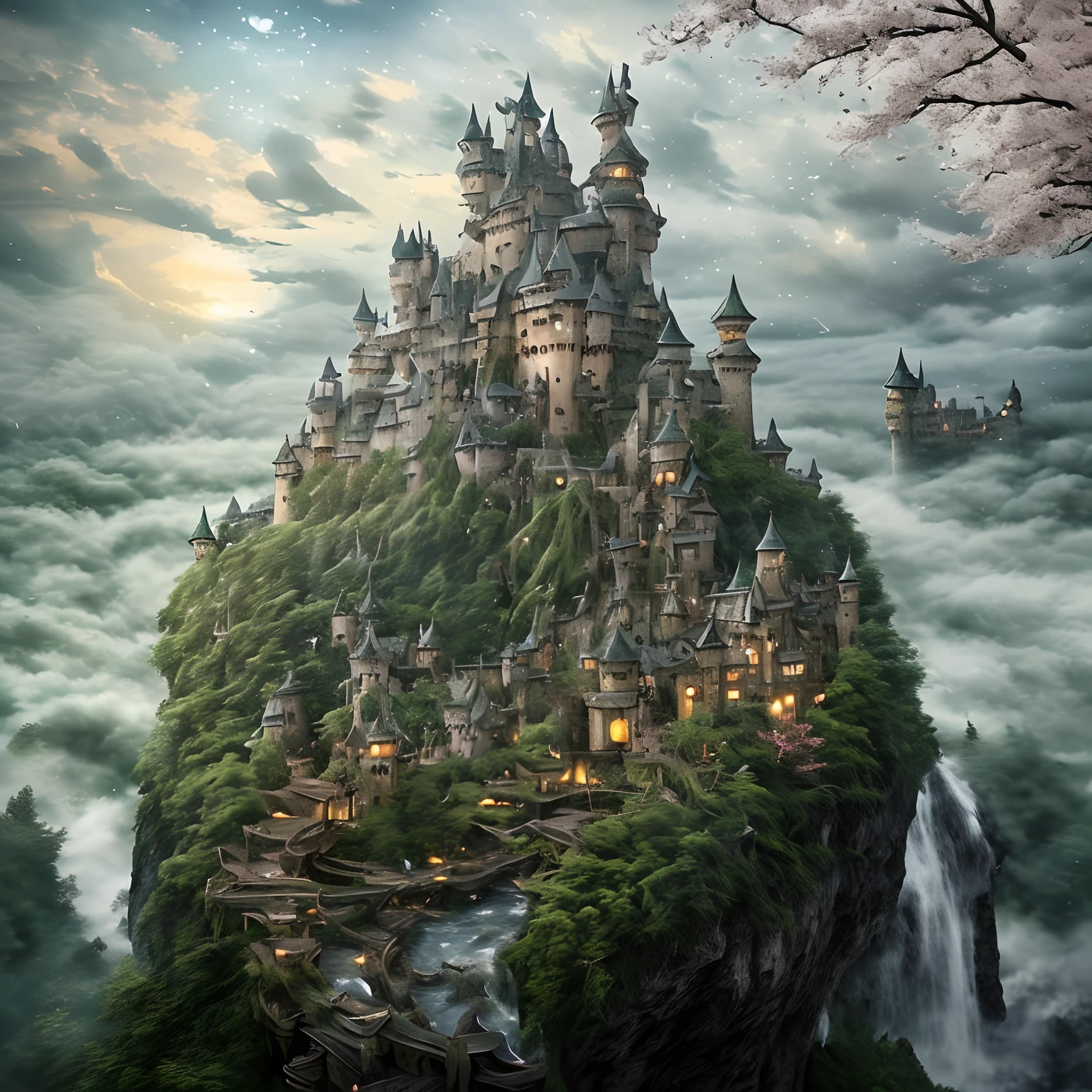 masterpiece、hightquality、Realistic、landscape shot、life-like、A detailed、Like the photo、Glowing castle in the sky、Deities々Castle in the Sky、Castle in the Sky、Flying Castle、Castle in the Sky、Castle of Glory、Castle above the clouds、Lush castle surrounded by cherry trees、Sakura blizzard、Falling waterfall