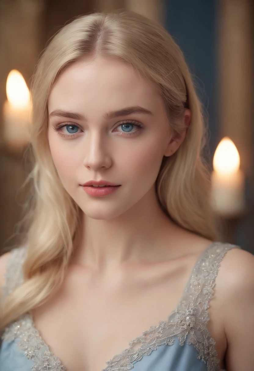 Fair complexion, Female, about 24 years old, Natural Blonde Hair, Distinctive blue eyes, Wearing Kohl, slender and graceful, nice ass, Candles in a medieval setting, ultra sharp focus, realistic shot, Modern Women's Clothing, Notebook colors (scar:1.4)