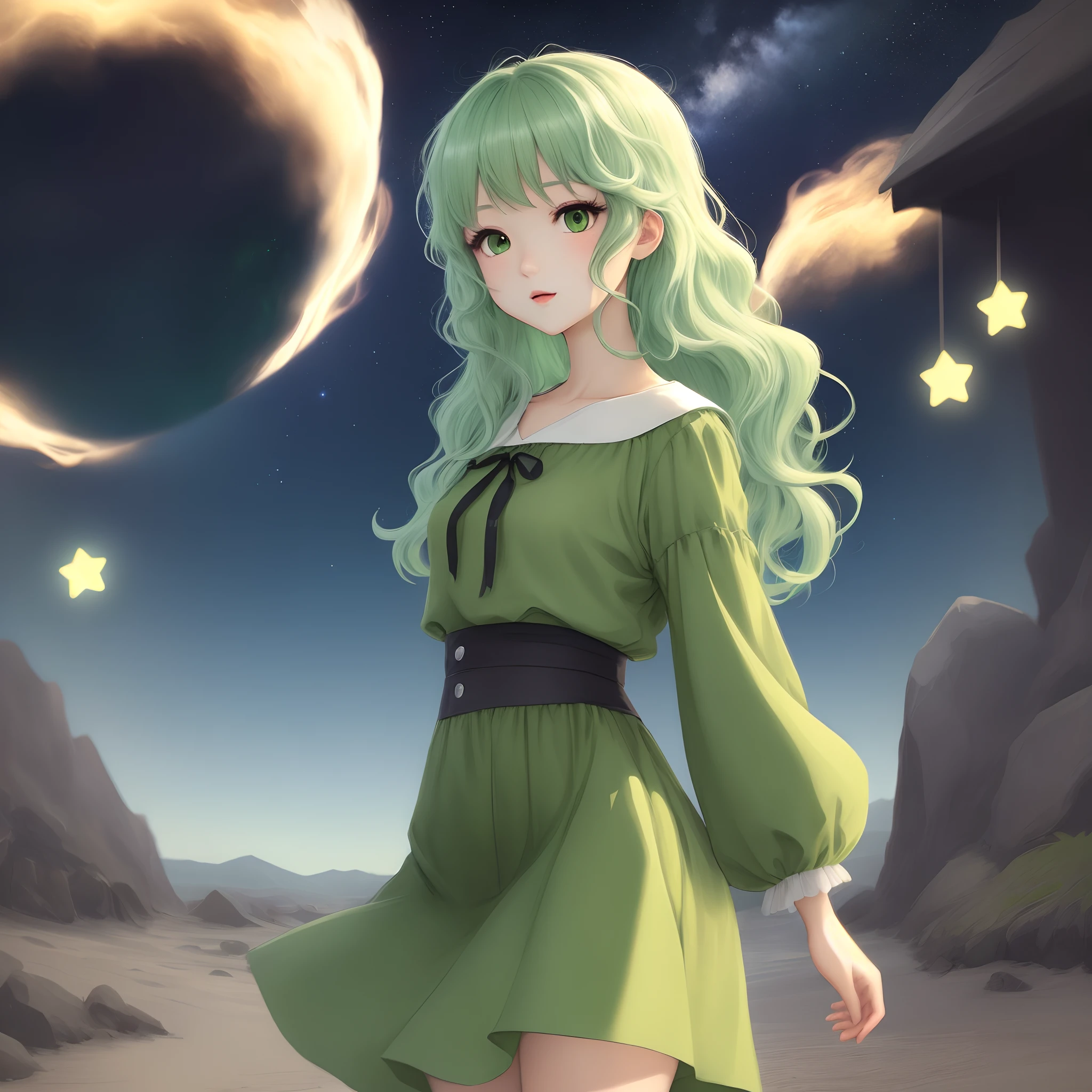 Light green hair wavy anime girl with green outfit and stars