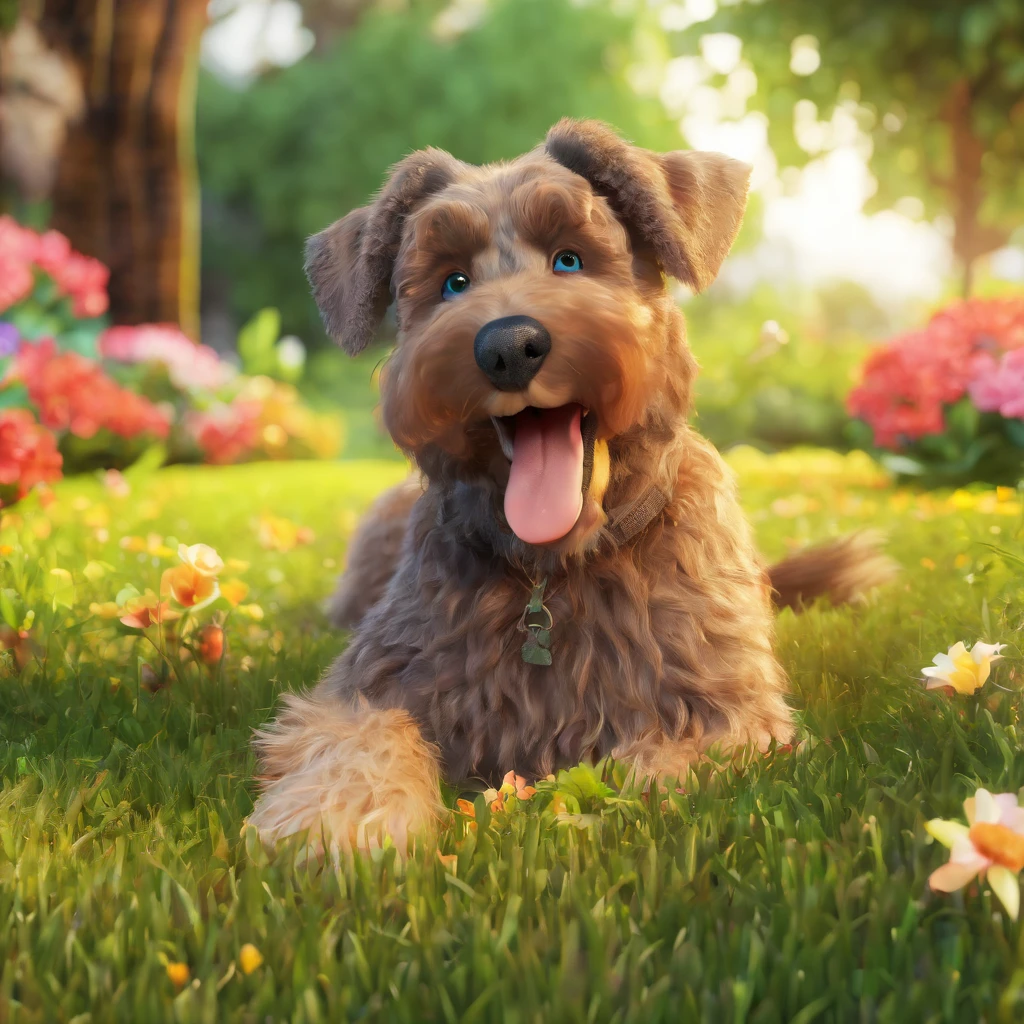 (best quality,4k,highres,masterpiece:1.2),ultra-detailed,realistic:1.37,portrait,boy,garden,smiling,5-year-old,blue eyes,brown hair,playful,cheerful,schnauzer dog,loyal friend,laying down,sunshine,green grass,colorful flowers,peaceful atmosphere,outdoor setting,vivid colors,warm lighting.