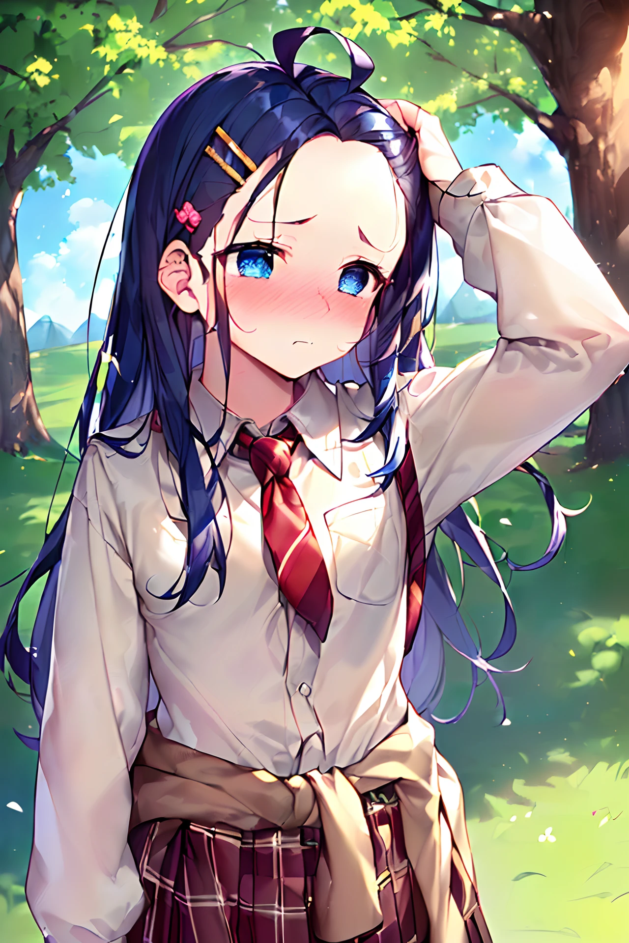 (((masterpiece))), (((Best Quality))), (((High quality))), (((Beautiful))), (((8K))), (((hight resolution))), (((absurderes))), (((Exquisite))), (((Ultra high definition))), (((High resolution))), (right arm behind head:1.4), (1girl), (Gamine:1.5), (Little Girl:1.4), (Dark blue straight long hair:1.3), (Very long sideburns of dark blue color), (Super long and thick sideburns of dark blue color:1.4), (full open forehead:1.4), (forehead:1.4), (forehead:1.4), (Ahoge:1.2), (Small blue eyes:1.1), (A little sagging eyes:1.3), (Super thick sideburns and super long sideburns:1.1), (Super long and thick sideburns:1.1), (Simple Hair Clip:1.4), (Extra Ultra Flat Chest:1.2), (extremely small breasts:1.2), (nose blush:1.4), (nose blush:1.3), (shame:1.4), (Cowboy Shot:1.4), (green grass and trees in the park:1.2), (Walking along the path of the park in the middle of summer:1.4), (School uniform:1.30), (Plain beige clothing around the waist:1.5), (Knot at the waist:1.3), (white collared shirts:1.4), ((White collar, Unbutton, Long sleeve):1.21), (red plaid pleated skirt:1.31), (looking away:1.4), (right arm behind head:1.4)