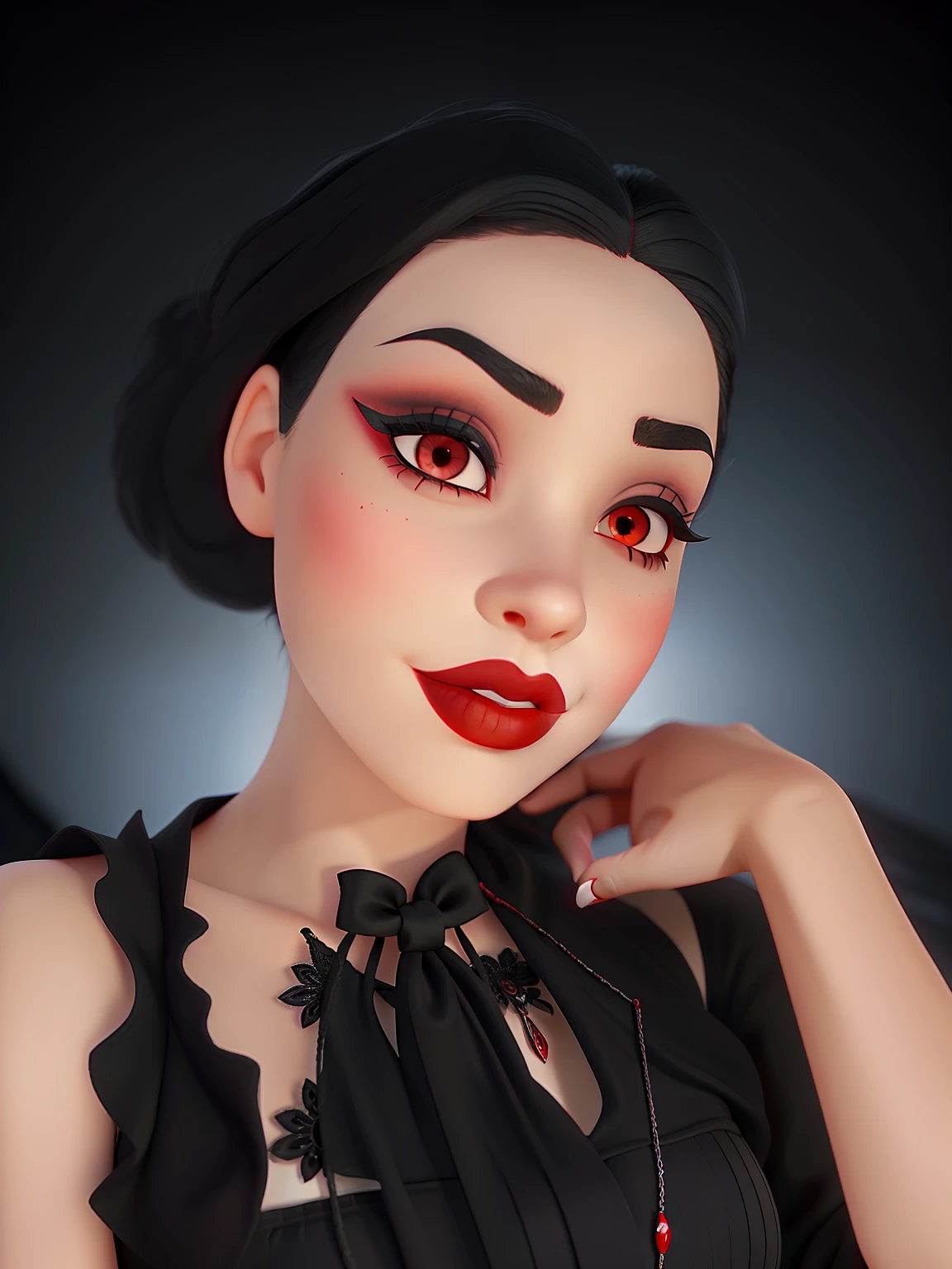 A red-eyed woman with black makeup in red lipstick and black clothes wearing the clothes of the swan lake piece