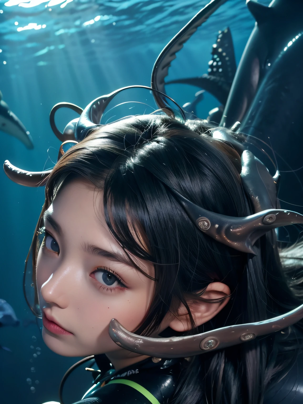 (masutepiece, Best Quality, Ultra-detailed, Best Shadow), (beautifull detailed face:1.3),(Solo), (Family_friendly:0.8),High contrast, Ultra-high resolution,(1 Girl of the Deep Sea:1.6),(Diving and petting whales:1.3),Full body, Diving suit,Refraction of light from above,blazing_light,Brilliant seaweed,colorful corals, up looking_far away, Tropical Fish,(dishevled hair:1.2),([Blue|Silver] hair:1.1)