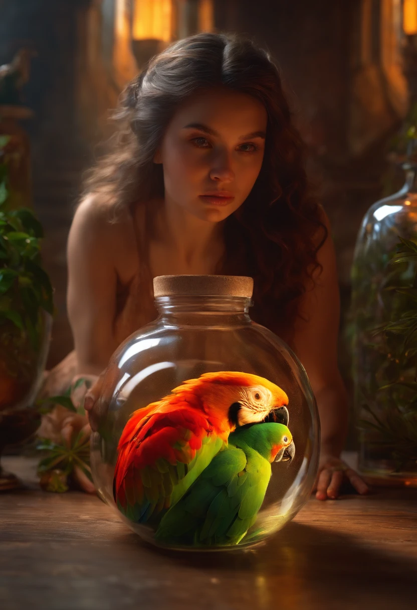 Parrot-faced girl kneeling in a glass bottle、 Super realistic, Hyper Detailed, Dramatic Lighting, 4K