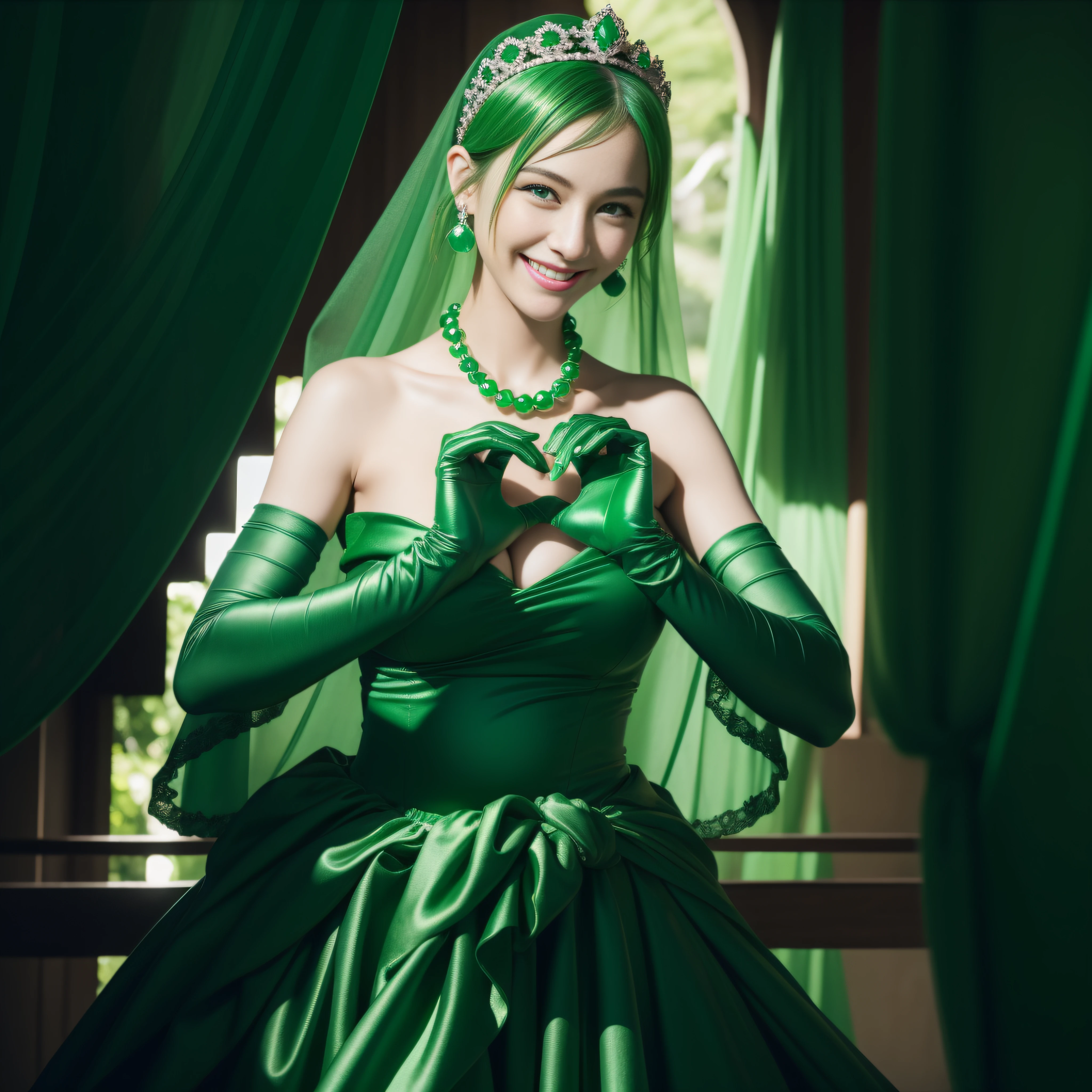 emerald tiara, Green Pearl Necklace, Boyish very short green hair, lipsticks, Japan woman smiling, very short short hair, big breasts beautiful, Green eyes, Long green gloves made of satin material, Green eyes, Emerald Earrings, green vale, Heart with both hands,pregnant woman