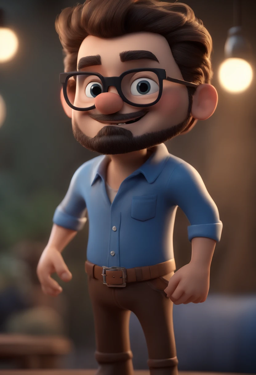 Cartoon character of a man with black glasses and a blue shirt, animation character, Caractere estilizado, animation style rendering, 3D estilizado, Arnold Maya render, 3 d render stylized, toon render keyshot, Personagem 3D, Personagem 3D, 3d rendering stylized, 3 d character render, personagem de desenho animado, Personagem de close up, Pose de personagem, (Estilo Pixar) (master part:1.2) (Bokeh) (best quality) (pele detalhada) (textura detalhada) (8k) (argila) (Cinematic lighting) (foco nítido