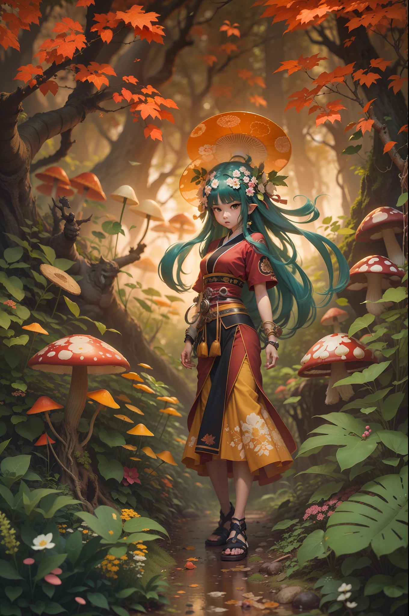 Stylish Japanese anime digital illustration, Ise was successful、Japanese Isekai Tensei animation、Guan Yu lands in the jungle of another world、Otherworldly jungle,Reminiscent of the jungles of Vietnam、Feminine Guan Yu、nioh standing、Red glowing background, Standing on the ground,boast。The ground is covered with mucus、A large group of mushrooms sparkles around the tree、Intimidate a bunch of monsters with his proud hegemony、Hyper Sharp Image, Hyper Sharp Image, Shinkai sincerely, Toriyama Akria, Gibri, Zelda,