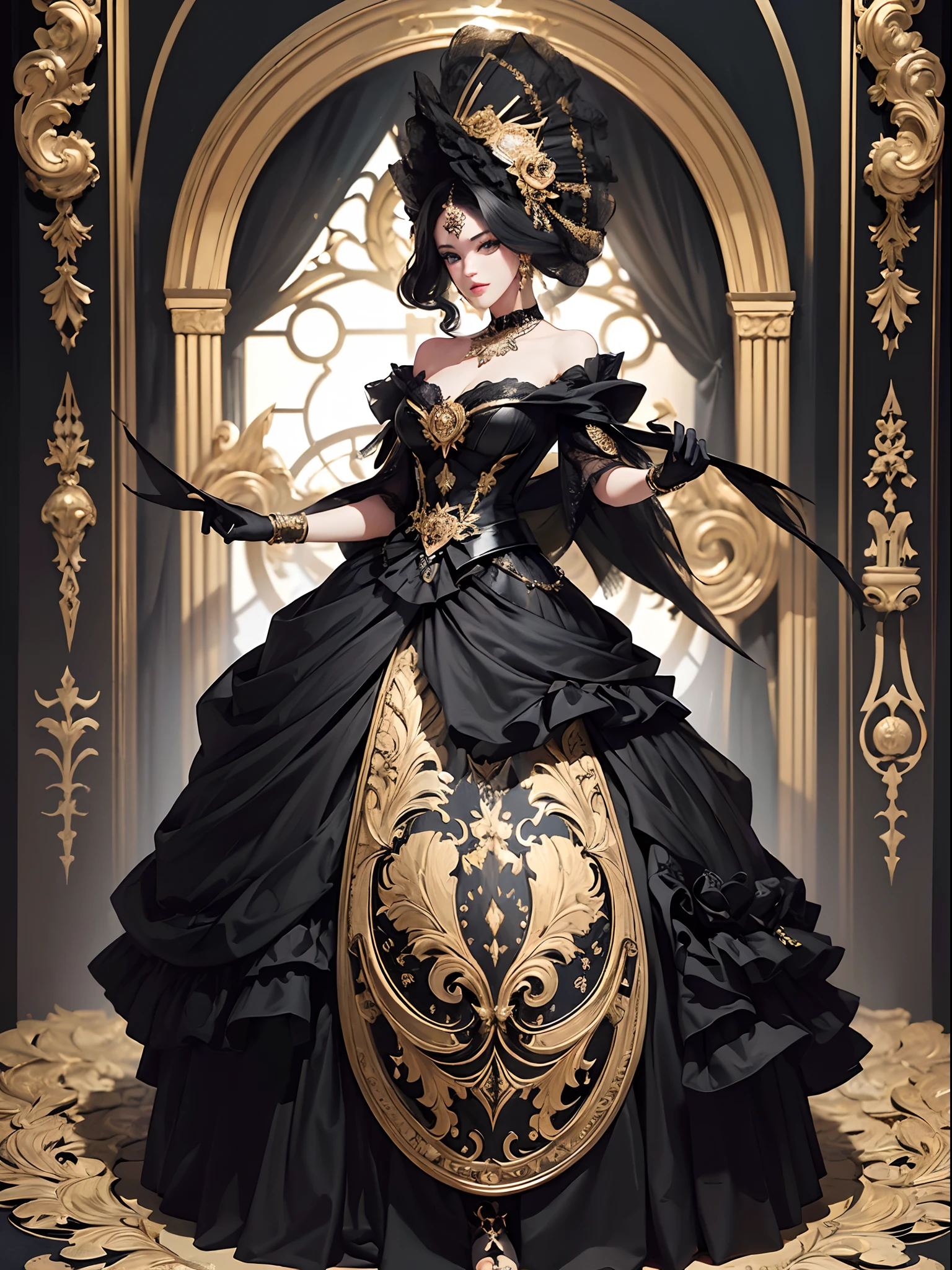 Black cat motif、Black and gold tones、Vibrant colors、((masterpiece)))、(((top-quality)))、((ultra-detailliert))、(A hyper-realistic)、(highly detailed CGillustration)、Official art、New York at the beginning of the 20th century、Decadent、Mrs. Blackcat、Masquerade、Elegance、Masks that cover most of the face、Colorful and detailed mask design、matchless beauty、Fans、gorgeous dress、jewely、Perfect Angle、perfect-composition、full body Esbian