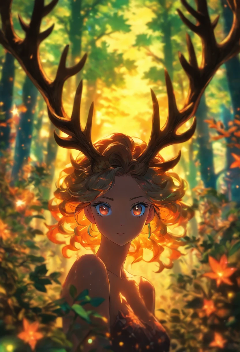 stare　Cover your face with your hands　Deer antlers　a beauty girl　Long　in woods　barechested　a plant　kirakira　stain glass