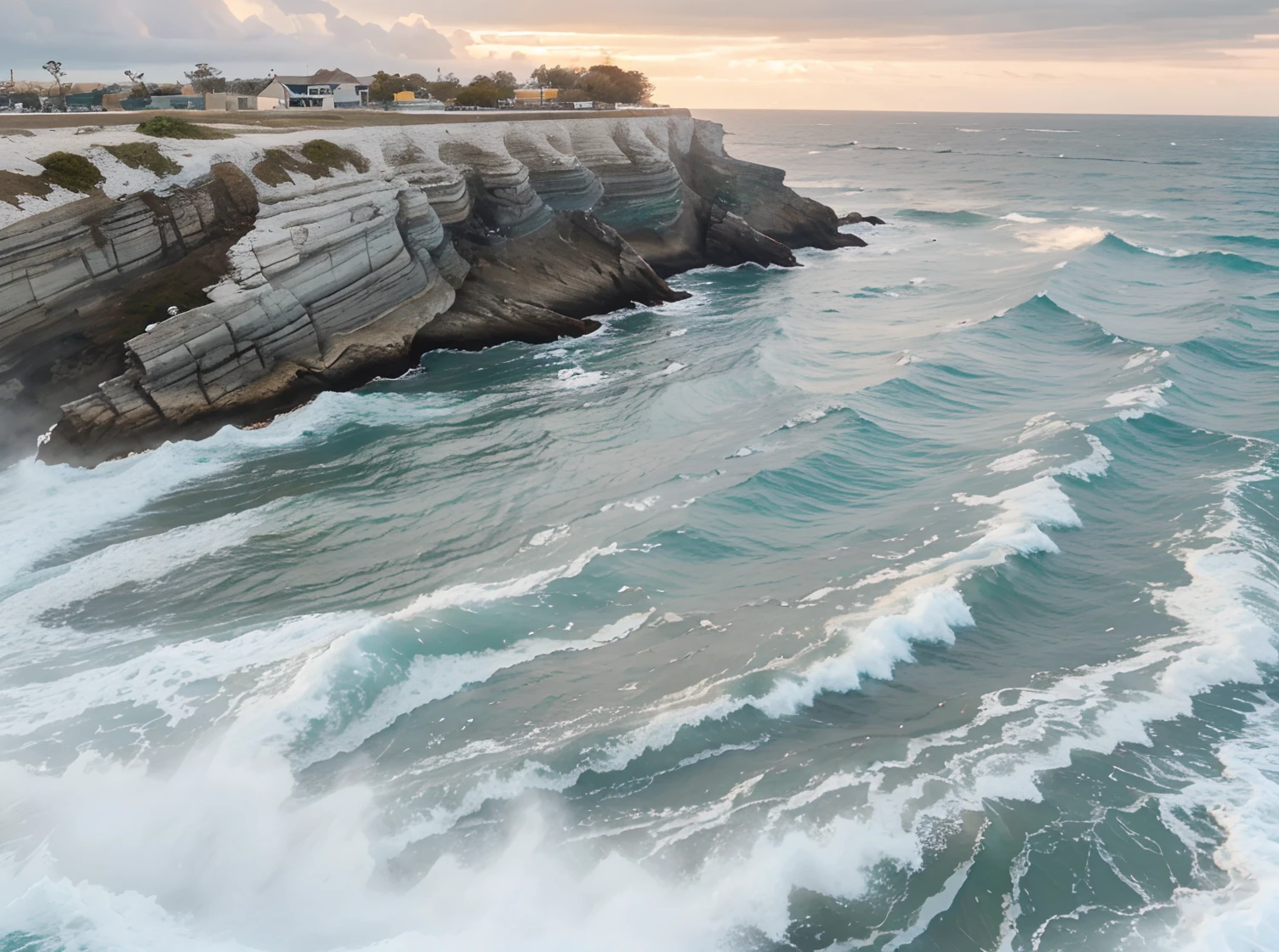 At the mouth of the sea, there are gray reefs on both sides, blue river water flowing into the sea, and in the distance, there is a horizon, a master, a masterpiece, and a realistic scenery,landscape,8k,detailed