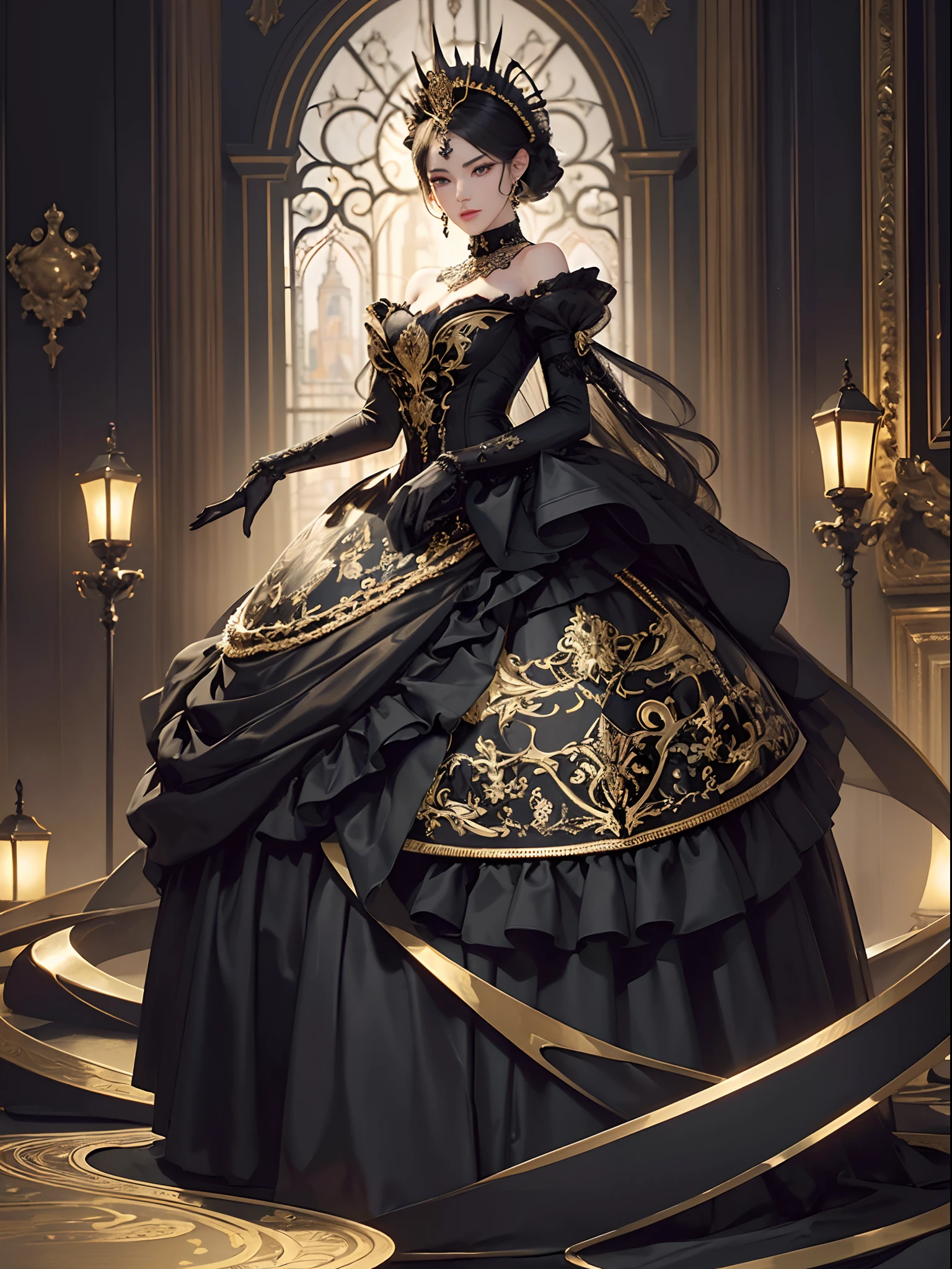 Black cat motif、Black and gold tones、Vibrant colors、((​masterpiece)))、(((top-quality)))、((ultra-detailliert))、(A hyper-realistic)、(highly detailed CGillustration）、Official art、New York at the beginning of the 20th century、Decadent、Mrs. Blackcat、Masquerade、Elegance、Masks that cover most of the face、Colorful and detailed mask design、matchless beauty、Fans、gorgeous dress、jewely、Perfect Angle、perfect-composition、full body Esbian