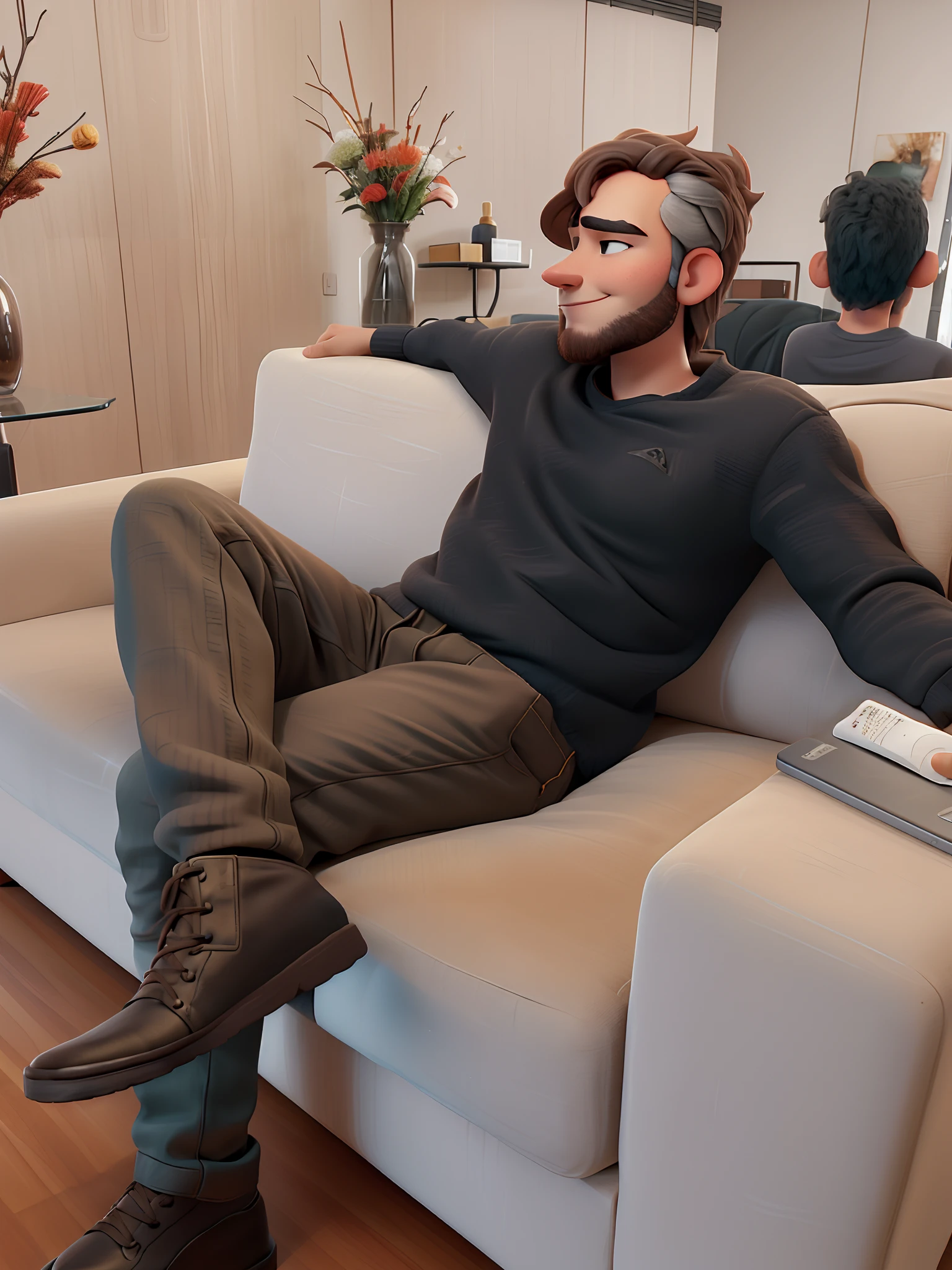 There's a man sitting on a couch with a laptop, sentado em um lounge, sitting on couch, sitting on a couch, seated in a couch, sitting on the couch, sitting on couch, Pose casual, relaxed pose, relaxing on the couch, lounging on expensive sofa, relaxing on a couch, relaxing after a hard day, usando sapatos militares