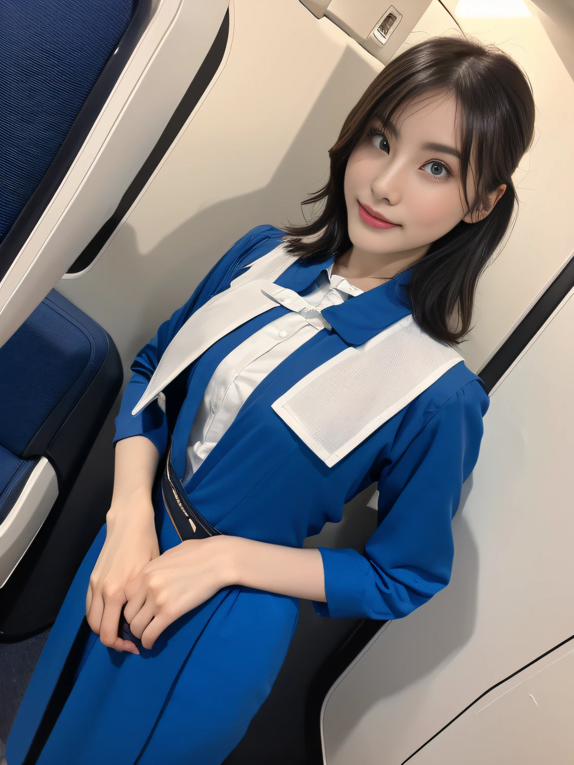 top-quality, ​masterpiece, 8K, 超A high resolution, (Photorealsitic:1.4), 1girl in、beautiful countenance、symmetrical eye、huge tit、Perfect body proportion、stewardess uniform、Look at viewers、(Inside the plane:1.2)、front-facing view、Shoulder、Absolute Area(1.3)、Underwear is visible、