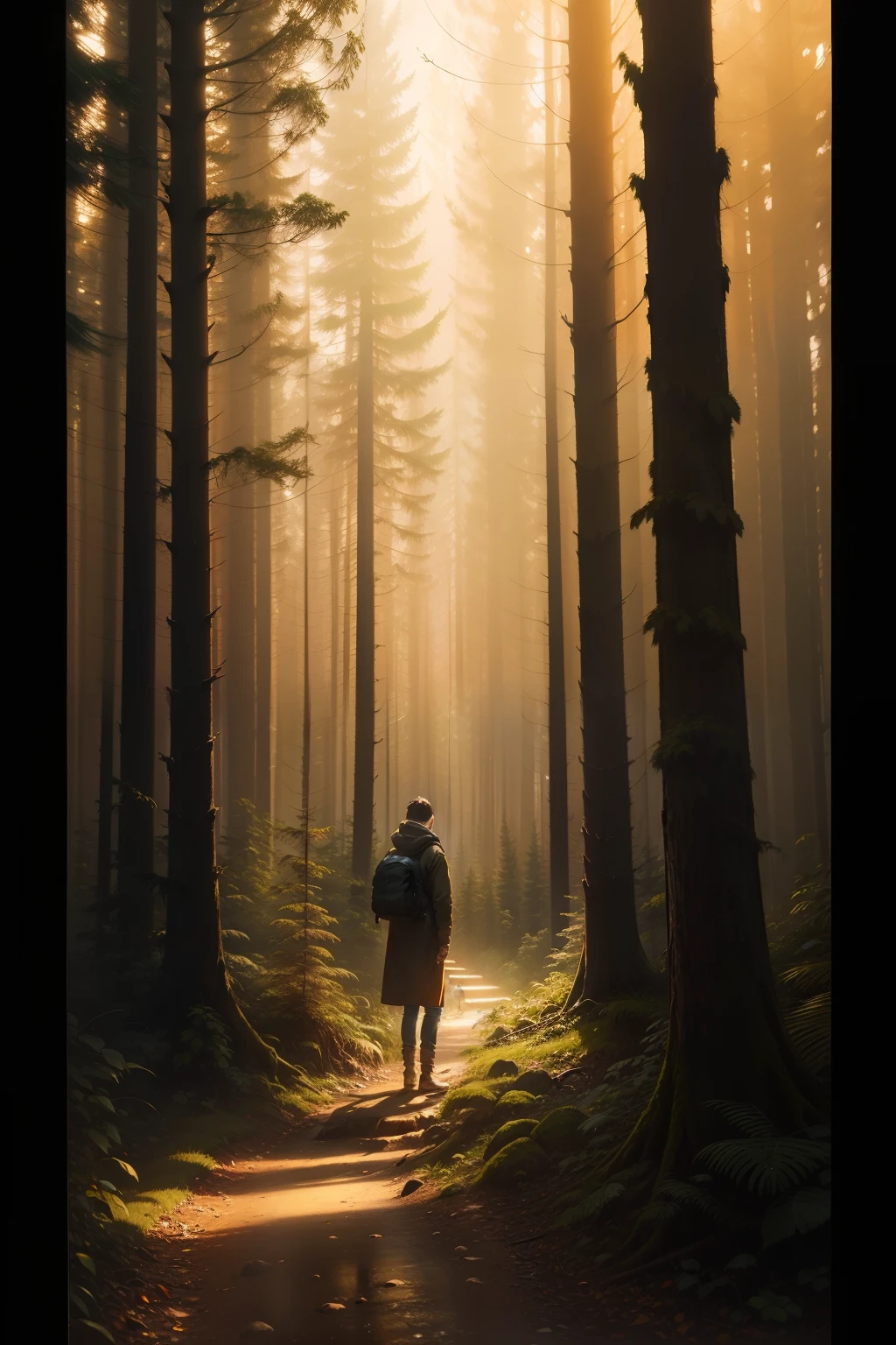 Evocative oil painting depicting a person standing in a dense forest, Staring at the guide lights in the distance. The warm, The golden tone is、Light their way as they emit