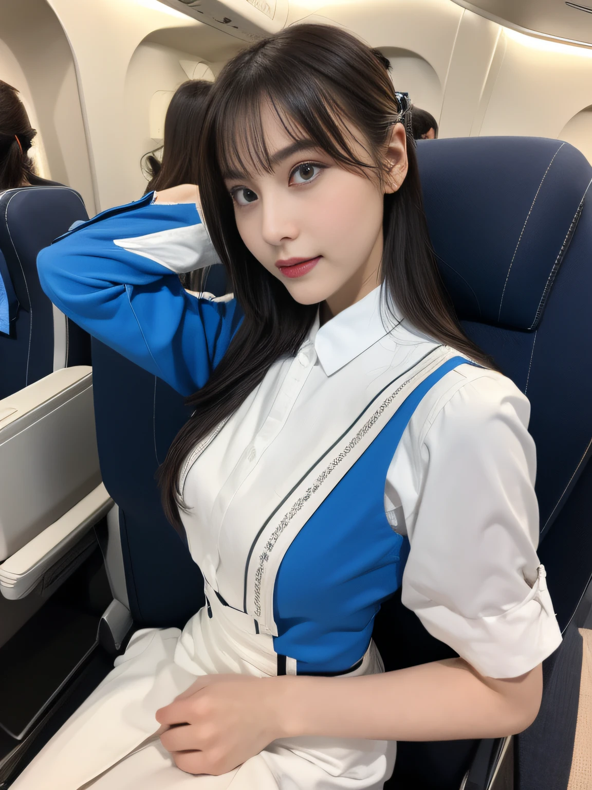 top-quality, masterpiece, 8K, 超A high resolution, (Photorealsitic:1.4), 1girl in、beautiful countenance、symmetrical eye、huge tit、Perfect body proportion、stewardess uniform、Look at viewers、(Inside the plane:1.2)、front-facing view、Shoulder、Absolute Area(1.3)、Underwear is visible、