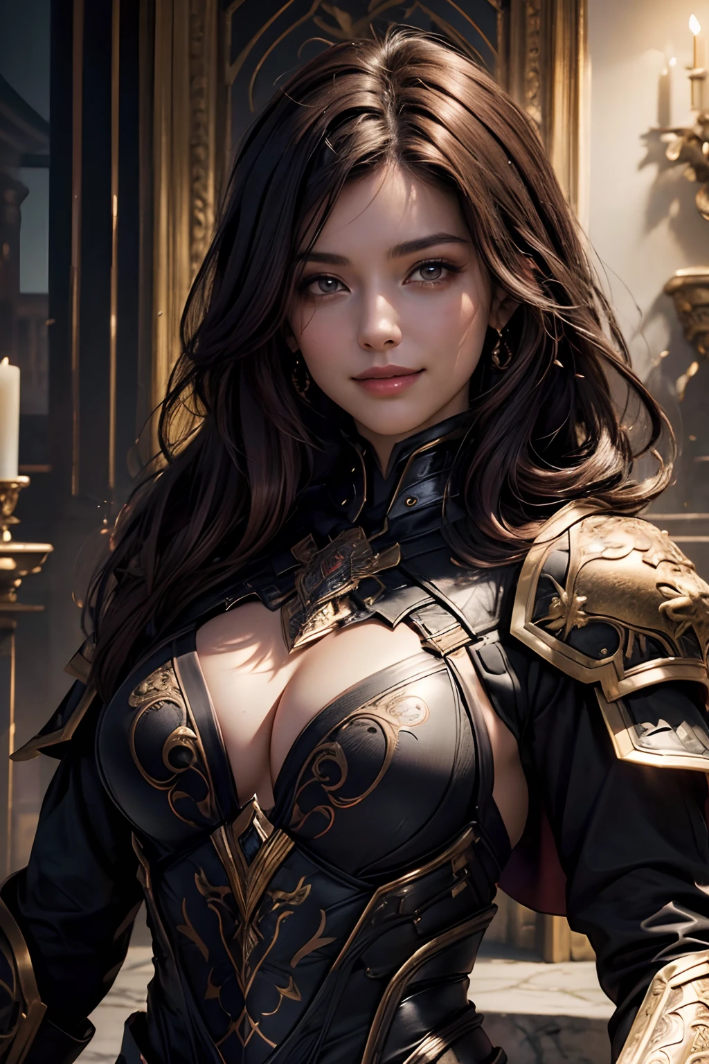 "(best quality,8K,highres,masterpiece:1.2),beautiful,detailed face,smiling and mesmerizing,dark chestnut hair,wearing black armor with a scorpion motif.emphasized chest area"