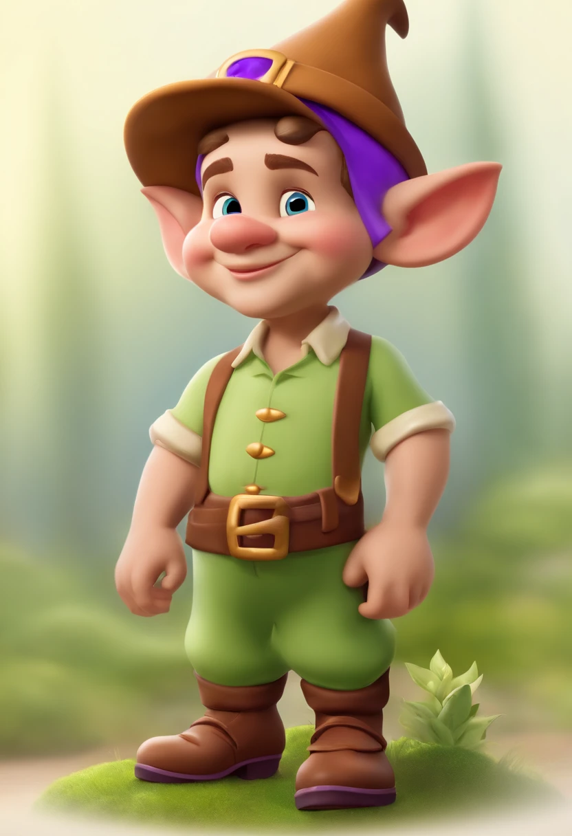 There is a little toy gnome that is standing on a path,
(((beardless face)))
(((light green shirt))),(((Purple hat))),
(((brown pants))), (((brown shoes))),
(((big floppy ears))),
a photo by Johannes Helgeson, Shutterstock, digital art,
disney character, like a claymation character,
Photorealistic Disney, Pinocchio, happy fluorescent cuteness magic,
gnome, portrait photo, full body close-up,
Pixie character, portrait photo in
close-up, cute boy, disney photo realistic