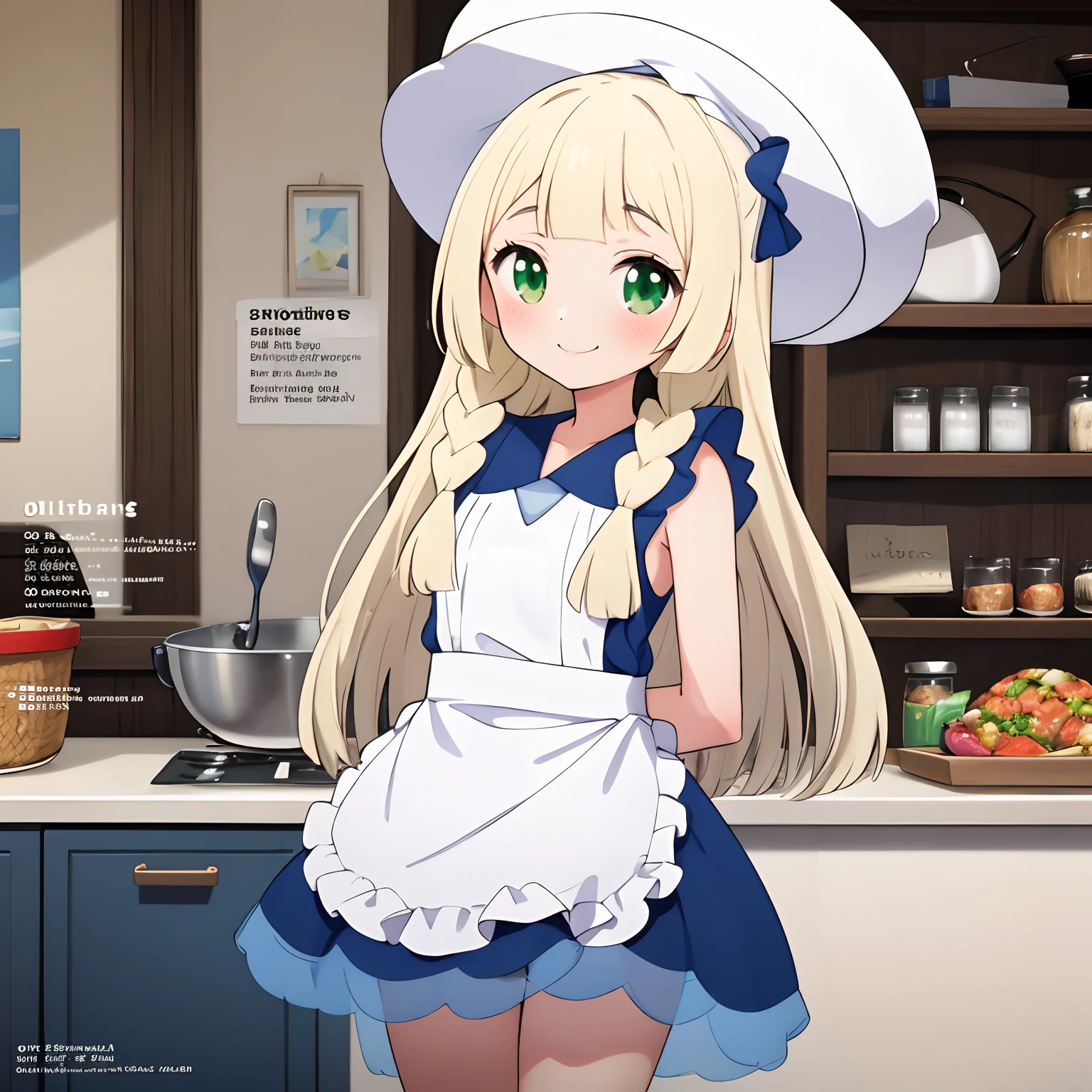 (Best Quality, Masterpiece),sexy Loli, Front cover of a women's cooking magazine, erotic, nsfw, 1girl, , stunning, cute, smile, hourglass figure, Maid costume, beautiful food, text, diagrams, advertisements, magazine title, lillie \(pokemon\), 1girl, solo, standing, cowboy shot, looking at viewer,long blonde hair, green eyes, smile, v arms, own hands together, twin braids, white hat,