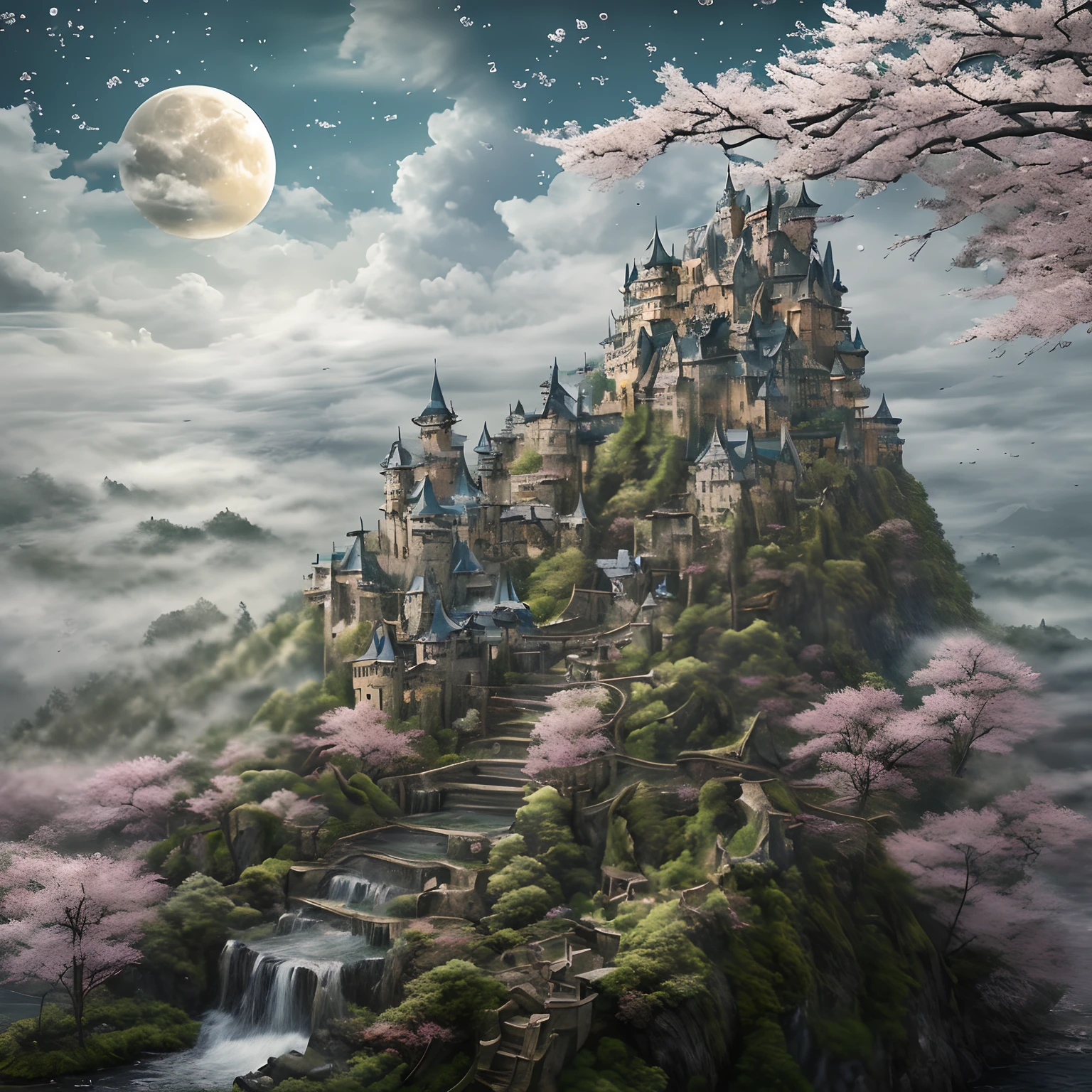 masterpiece、hightquality、Realistic、landscape shot、life-like、A detailed、Like the photo、A castle shining in the sky、God's castle in the sky、Castle in the Sky、Flying Castle、Castle of Glory、Castle above the clouds、A lush castle surrounded by cherry blossom trees、Sakura blizzard、Falling waterfall、a moon
