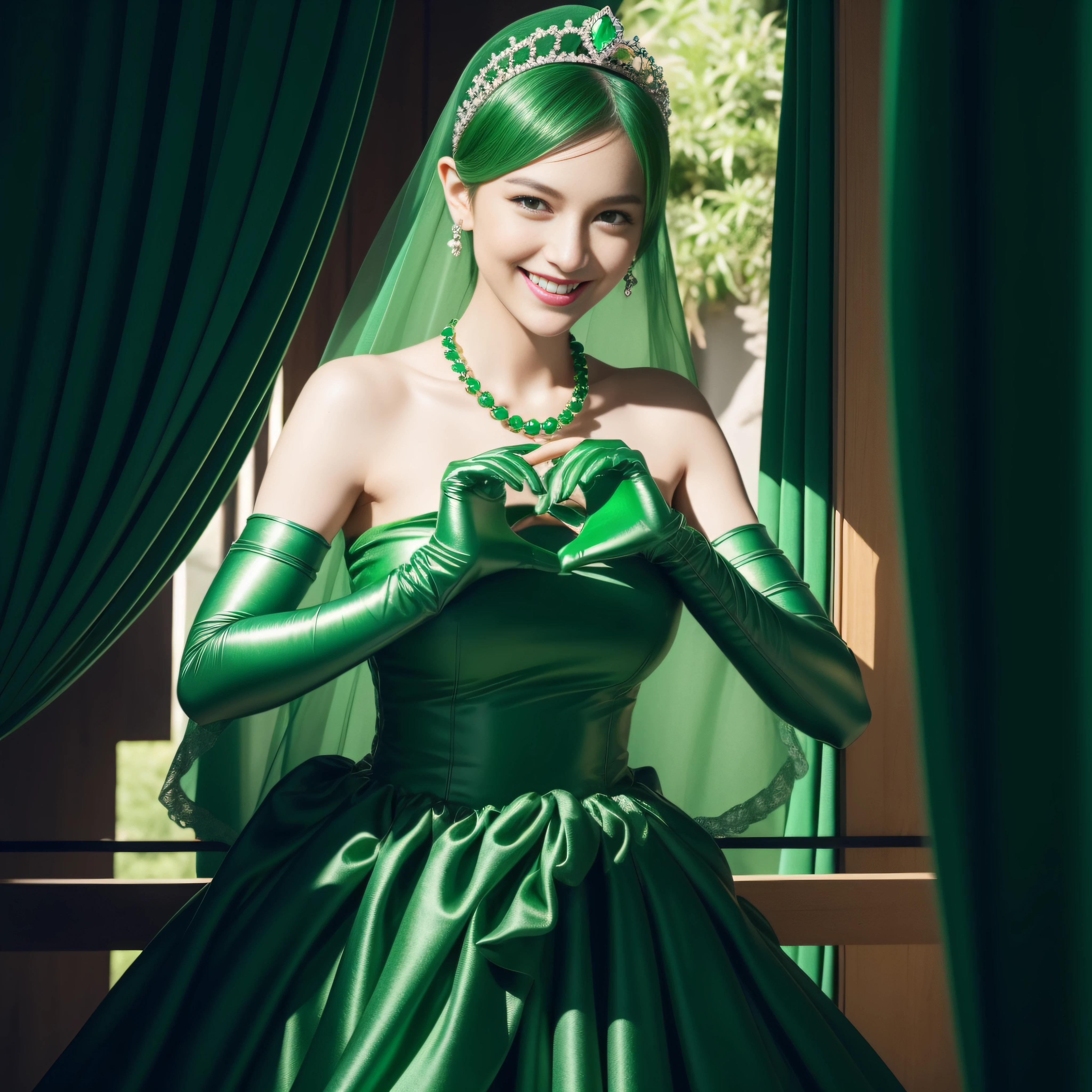 emerald tiara, Green Pearl Necklace, Boyish very short green hair, lipsticks, Japan woman smiling, very short short hair,  big breasts beautiful, Green eyes, Long green gloves made of satin material, Green eyes, Emerald Earrings, green vale, Heart with both hands