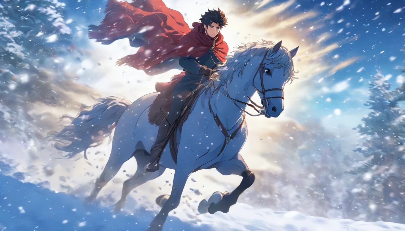 A young man rides a horse in the snow, high-quality face