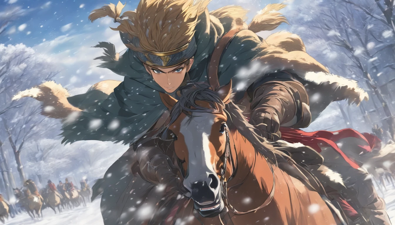 A young man rides a horse in the snow, high-quality face