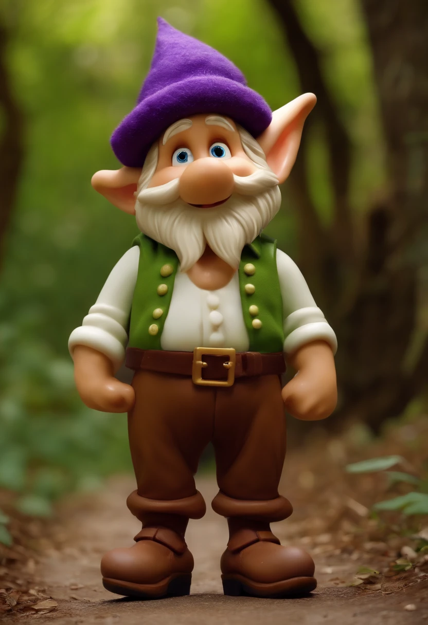 There's a little toy gnome that's standing on a path,
(((rosto sem barba))) 
(((camisa verde-clara))),(((Gorro roxo))),
(((brown pant))), (((sapato marrom))), 
(((large, droopy ears))),
 Disney foto realista