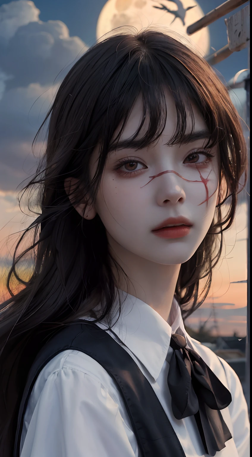 ((masterpiece, best quality)), (1girl), (solo), (female focus), yoru \(chainsaw man\),(very detailed face, real image, realistic white skin, realistic body, intricate details)psycho face, psycho eyes, serious, blood over the body, blood, black hair, long hair, intimidating look, pinafore dress, buttoned shirt, neck ribbon, small breasts, holding a knife, blood, blood on the knife,  blood on scenario, moon, night, sky, clouds